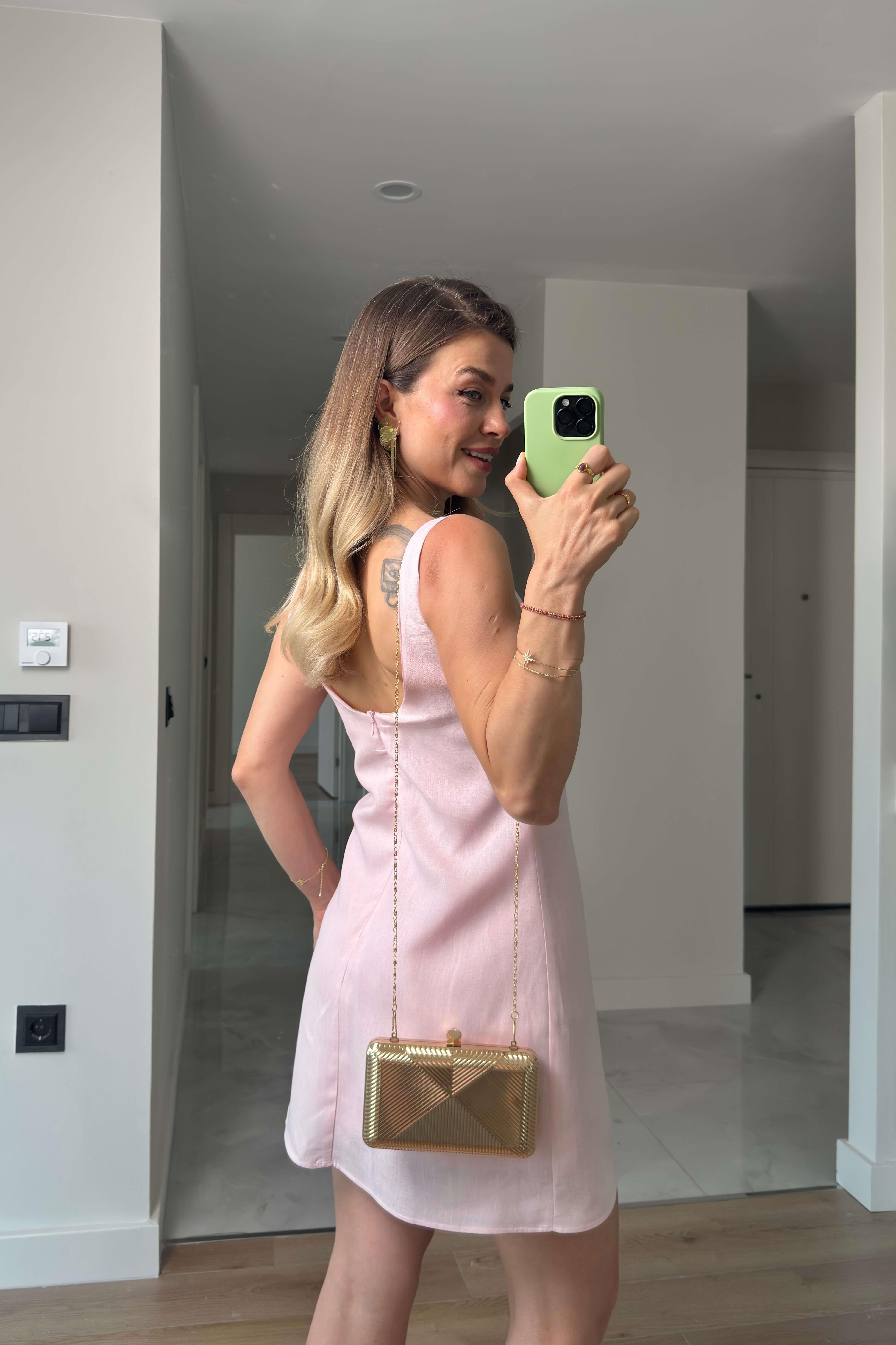 Toz Pembe Kare Yaka Askılı Astarlı Premium Keten Elbise