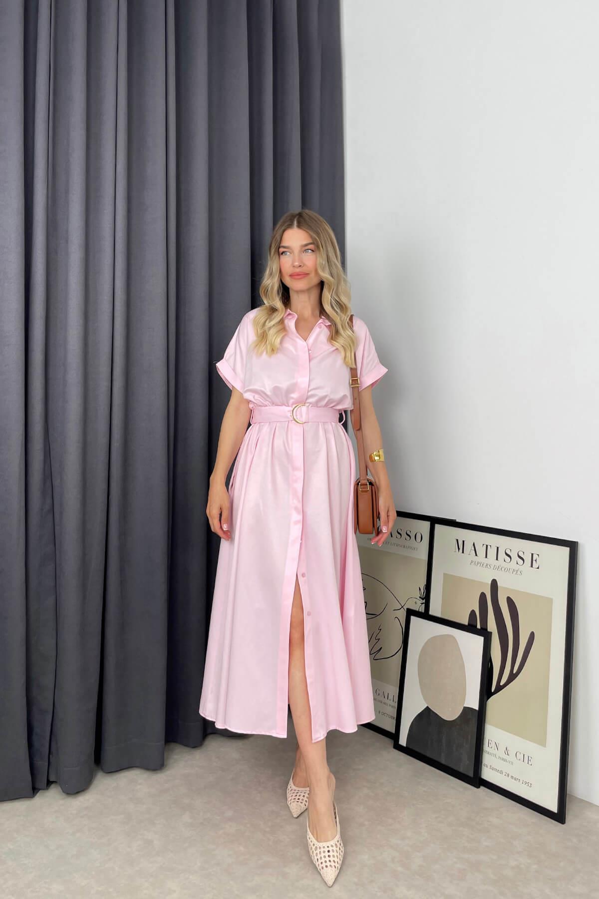 Toz Pembe Kemerli Gömlek Elbise