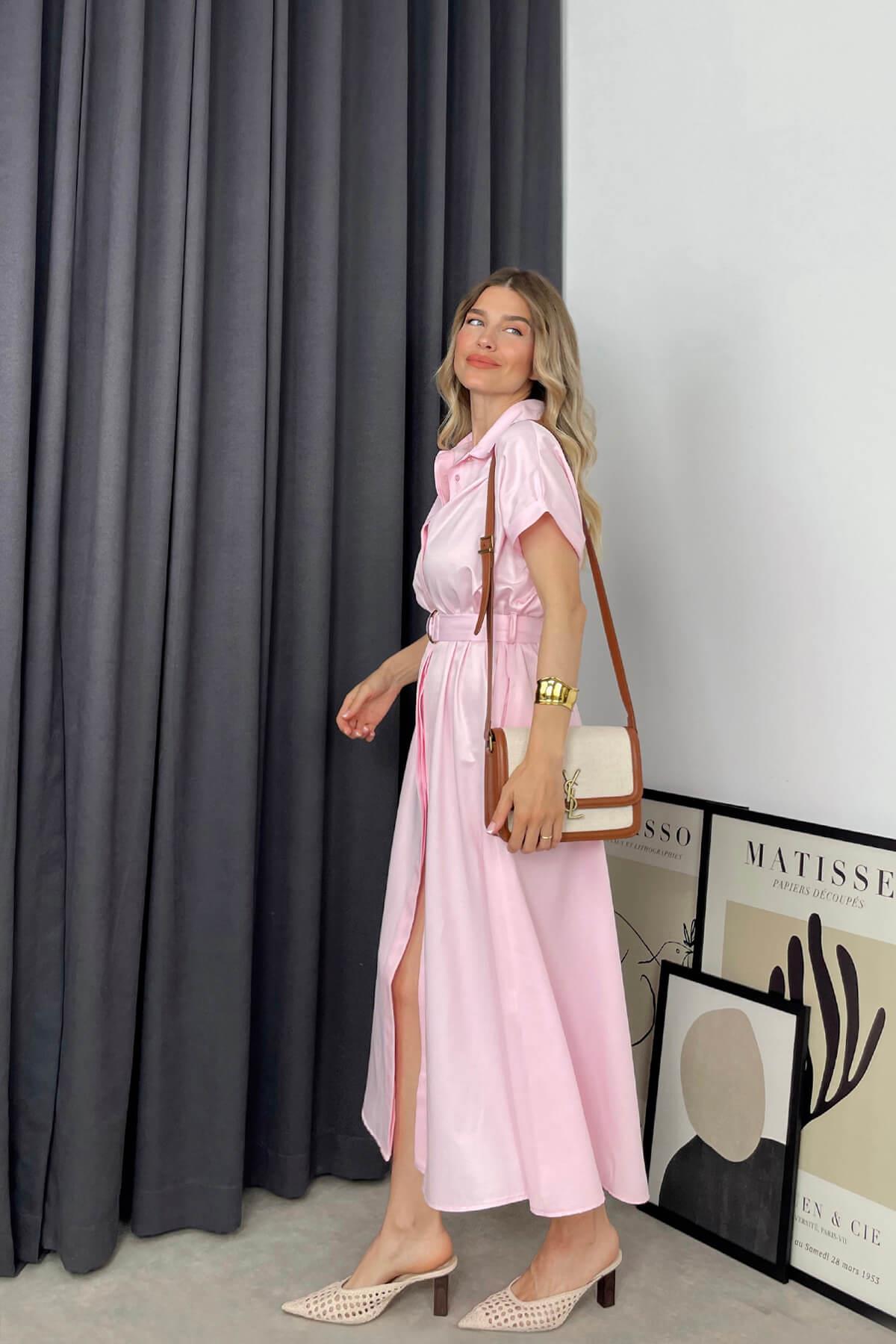 Toz Pembe Kemerli Gömlek Elbise