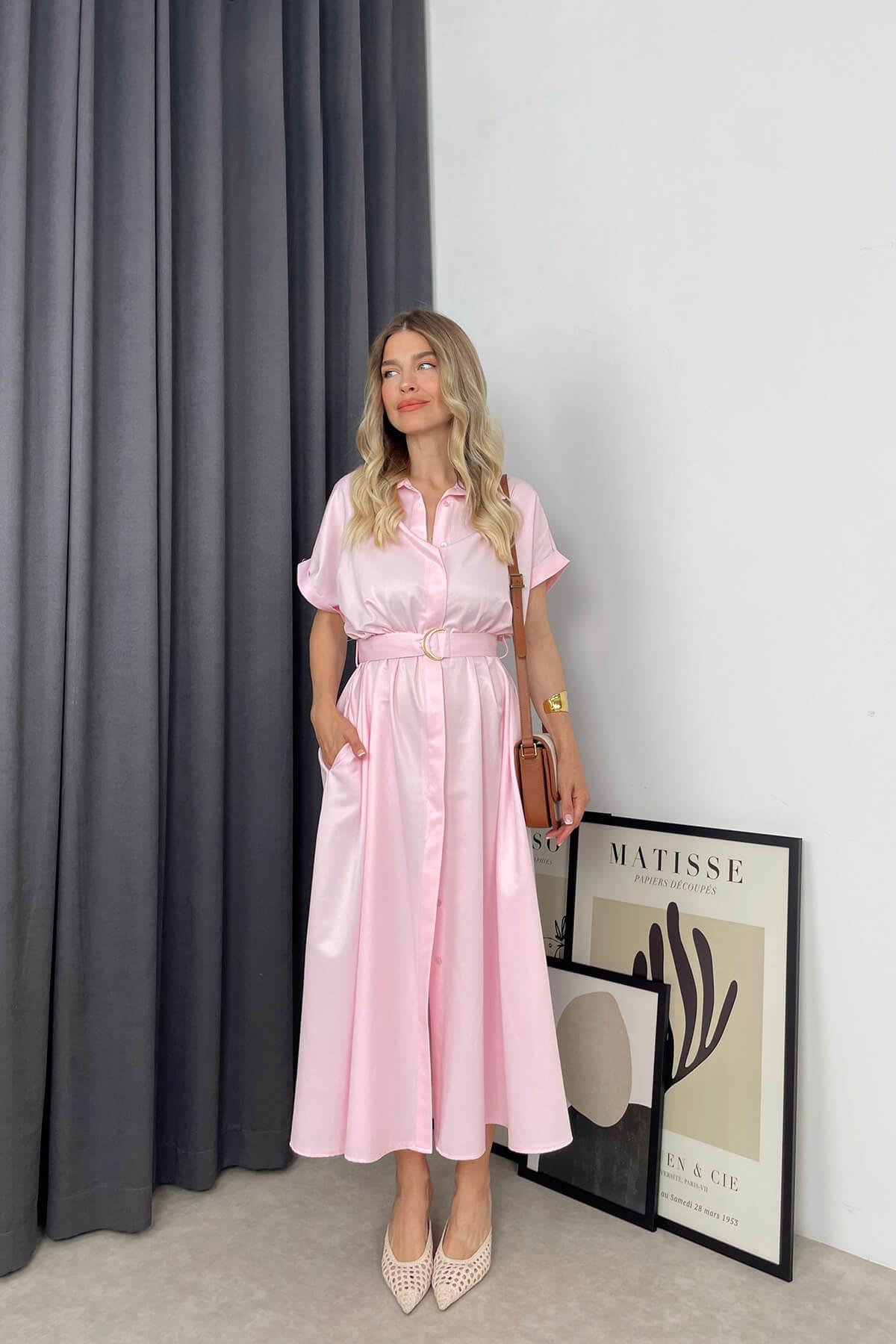 Toz Pembe Kemerli Gömlek Elbise