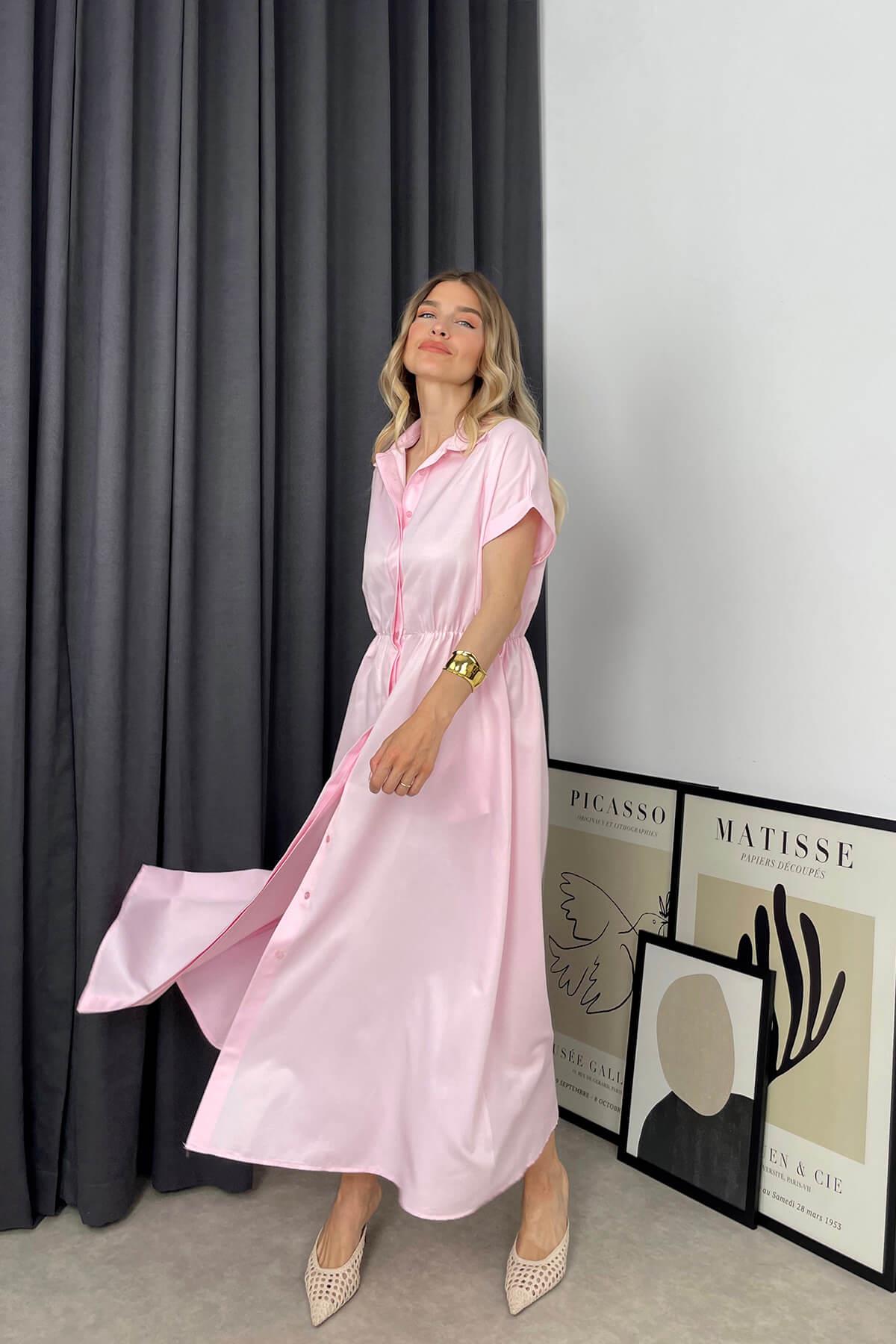 Toz Pembe Kemerli Gömlek Elbise