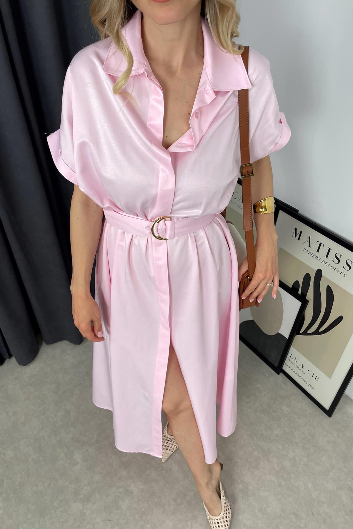 Toz Pembe Kemerli Gömlek Elbise