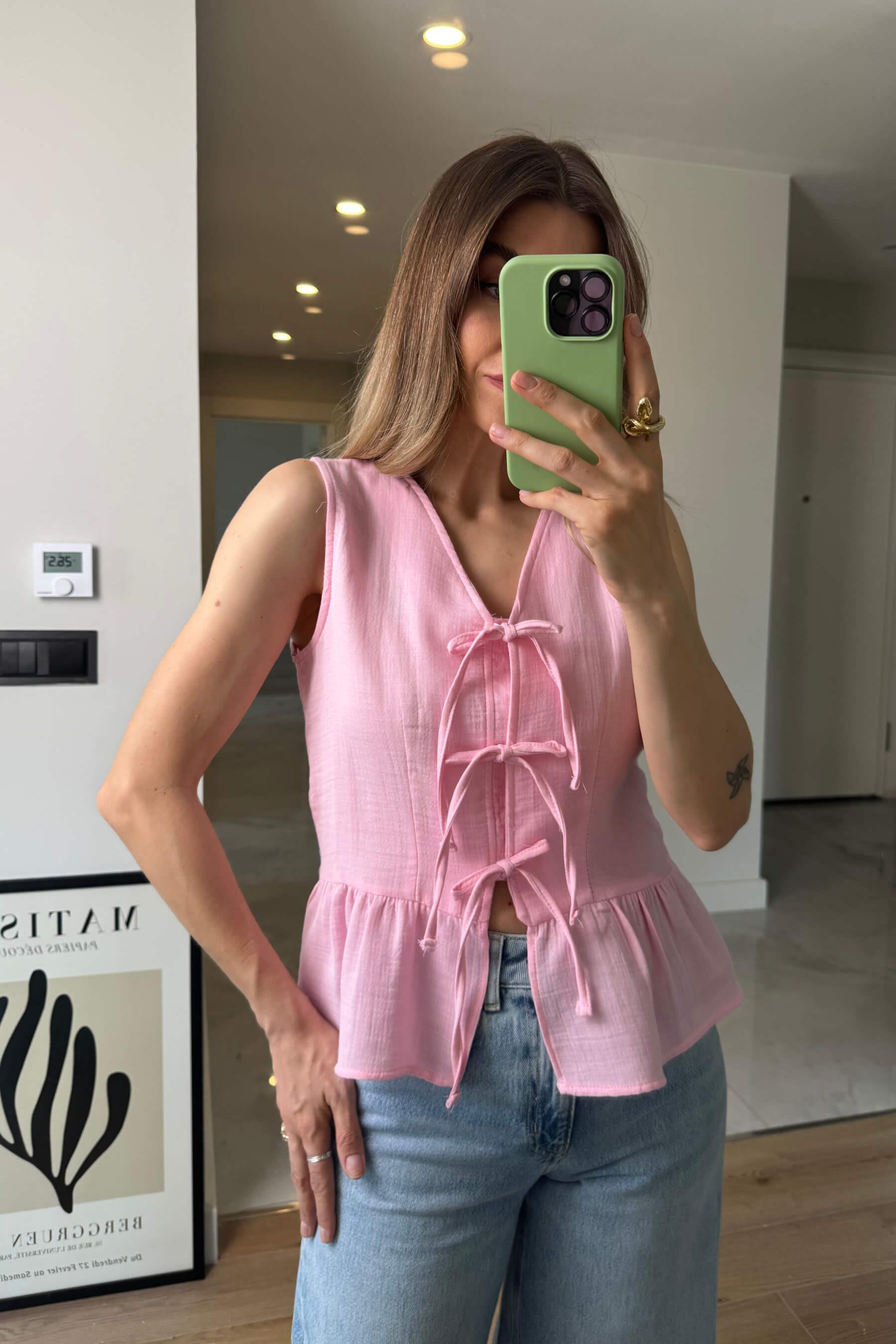 Toz Pembe Önü Bağlamalı Kolsuz Müslin Bluz