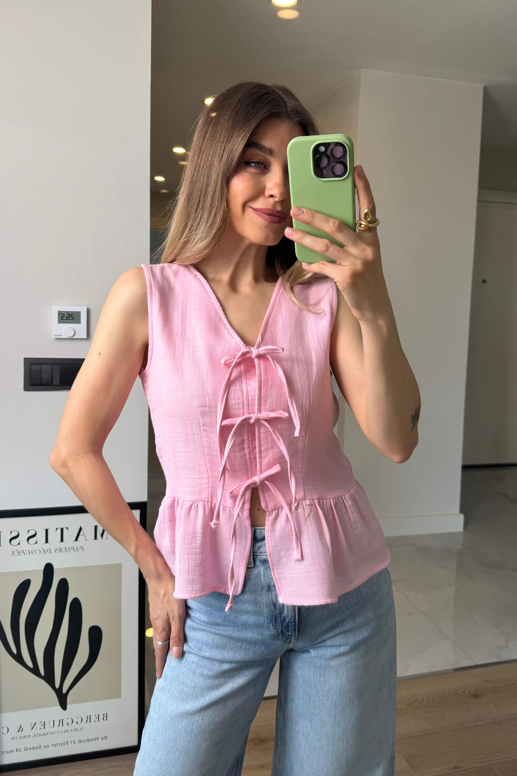 Toz Pembe Önü Bağlamalı Kolsuz Müslin Bluz