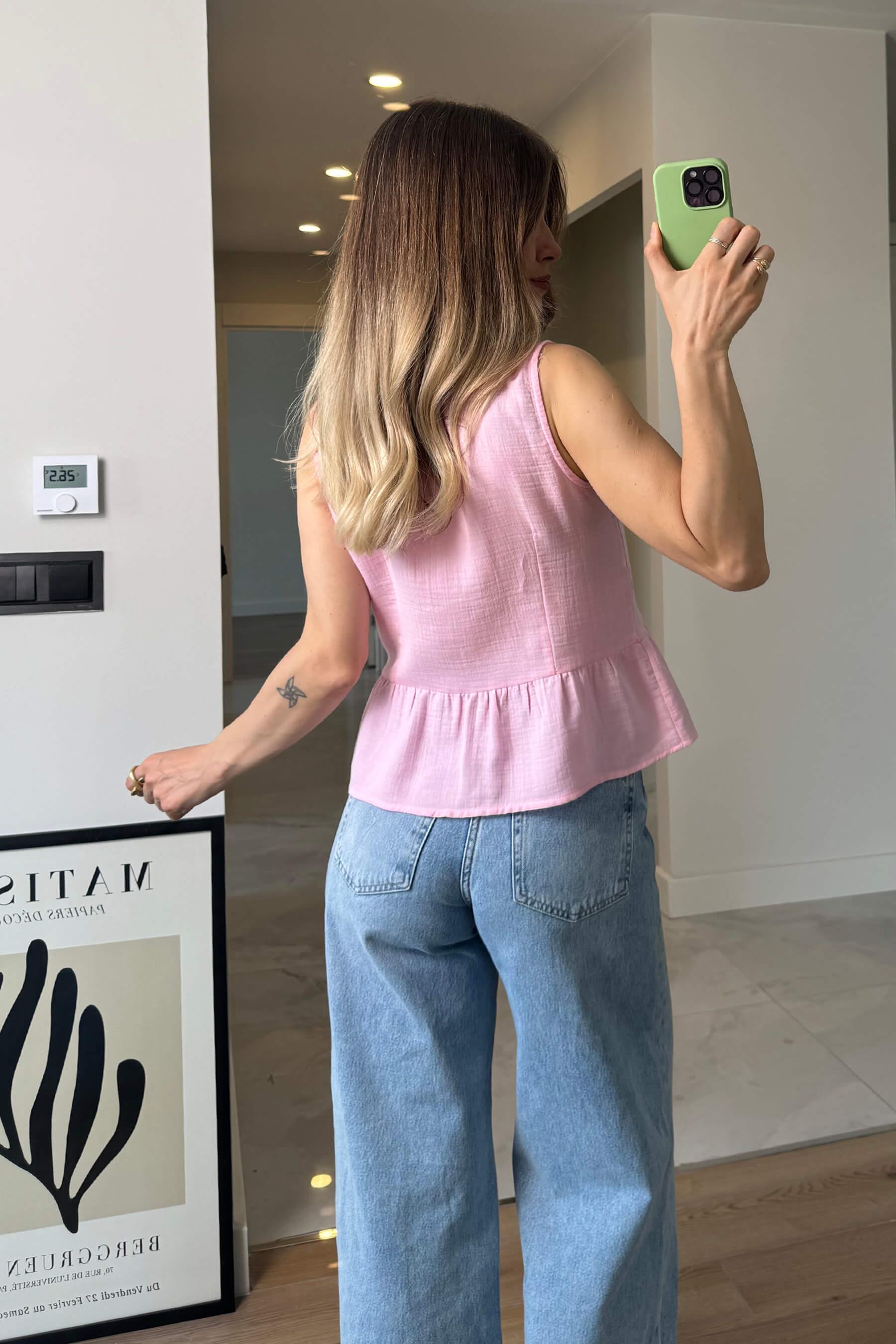 Toz Pembe Önü Bağlamalı Kolsuz Müslin Bluz