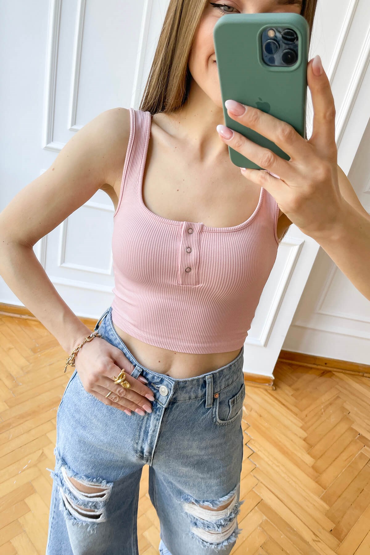 Toz Pembe Önü Çıtçıtlı Crop Atlet