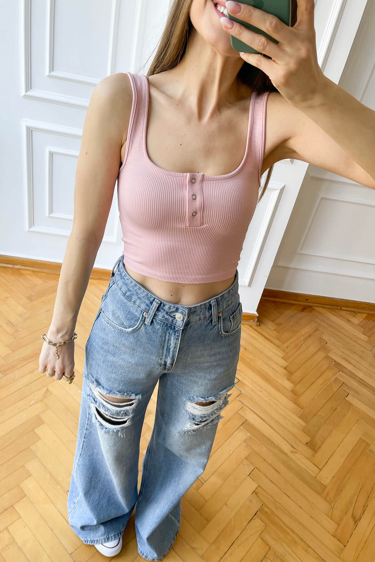 Toz Pembe Önü Çıtçıtlı Crop Atlet