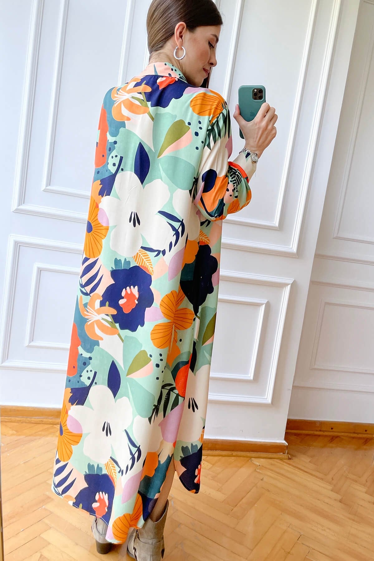 Tropikal Desen Önü Düğmeli Kimono