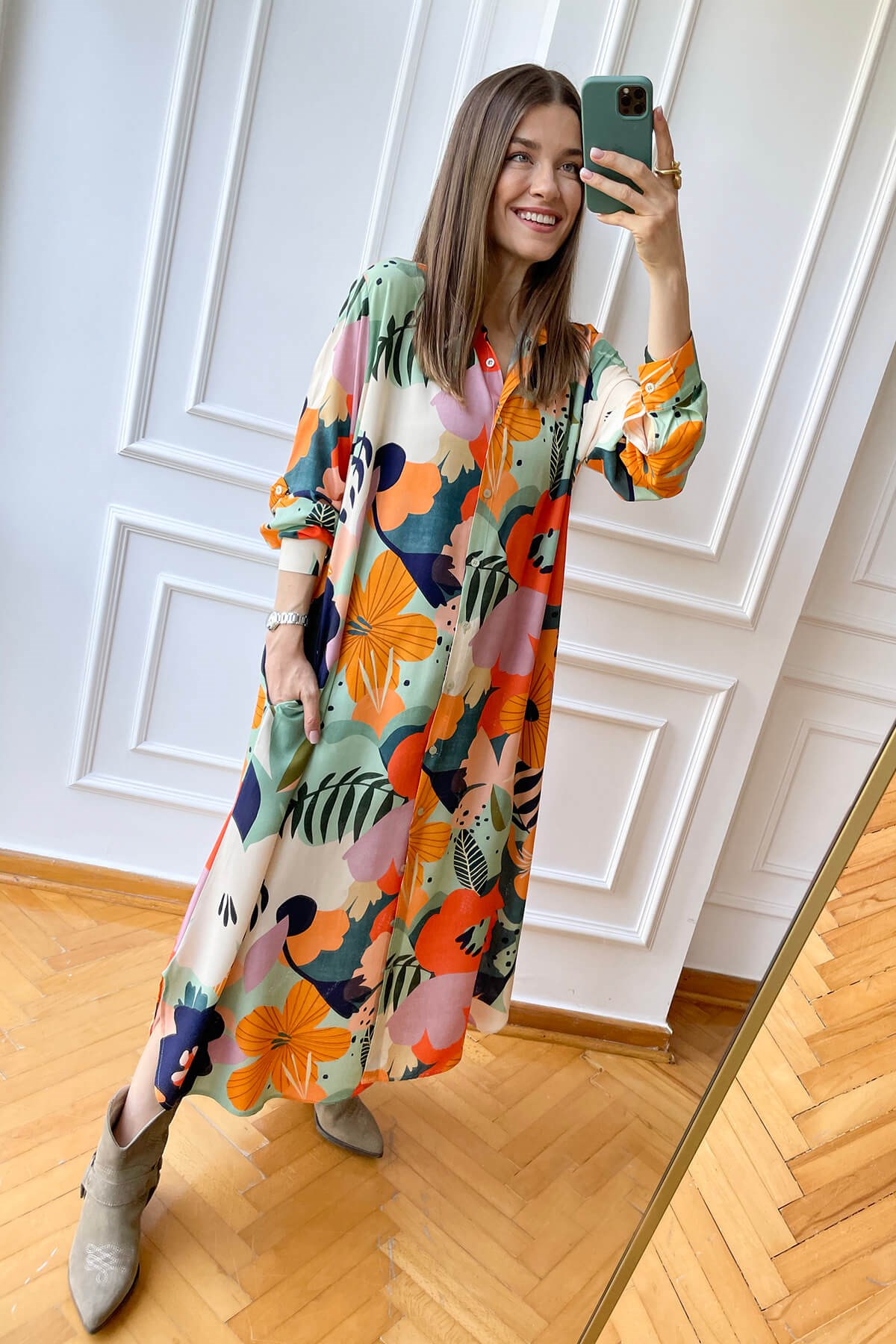 Tropikal Desen Önü Düğmeli Kimono