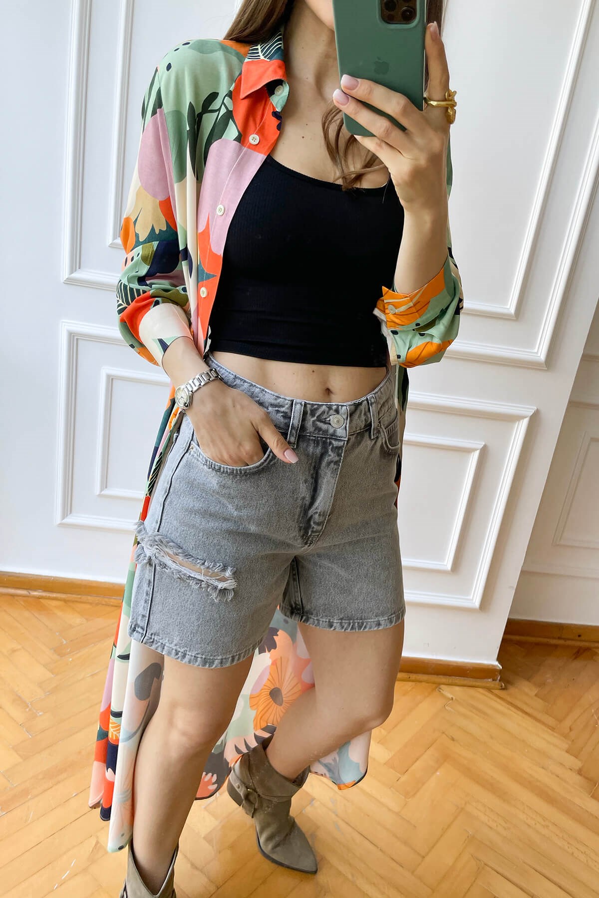 Tropikal Desen Önü Düğmeli Kimono