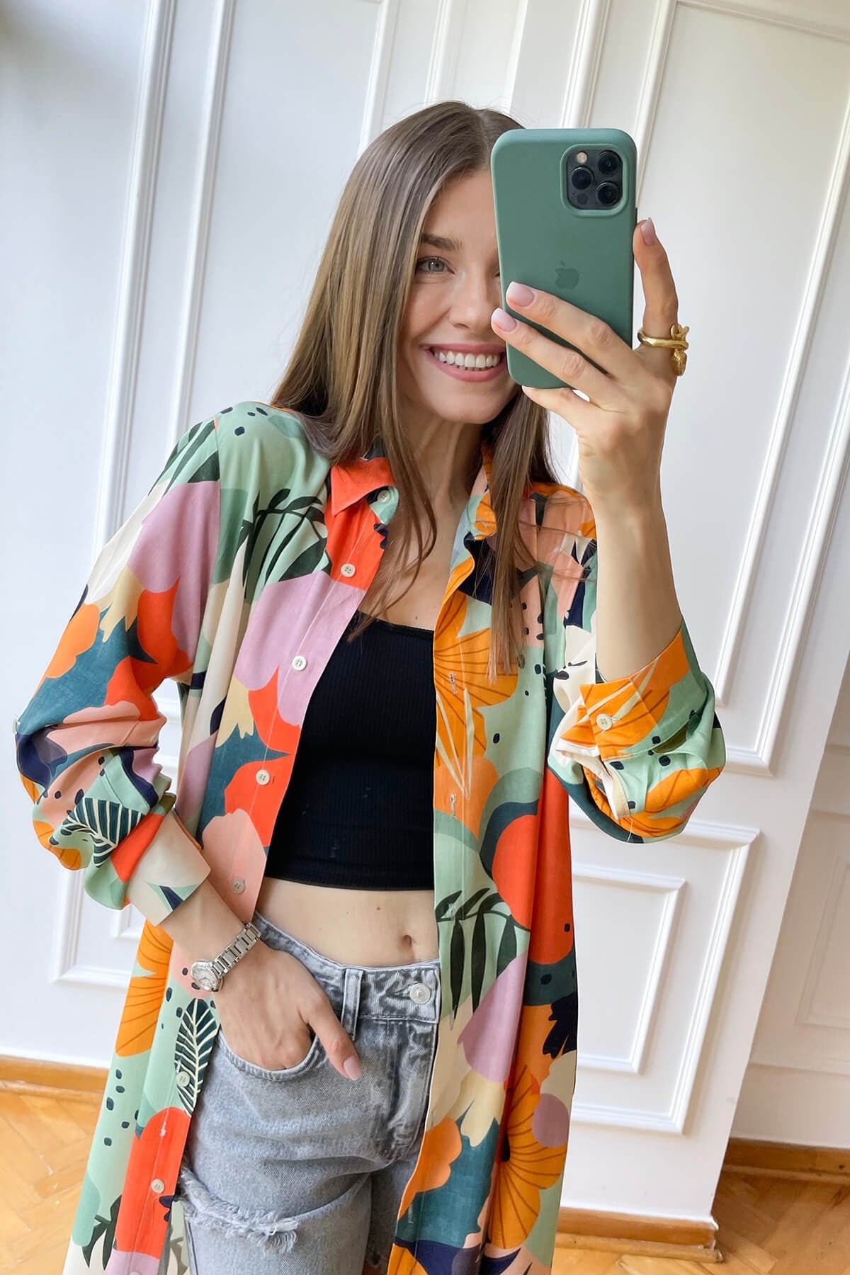 Tropikal Desen Önü Düğmeli Kimono