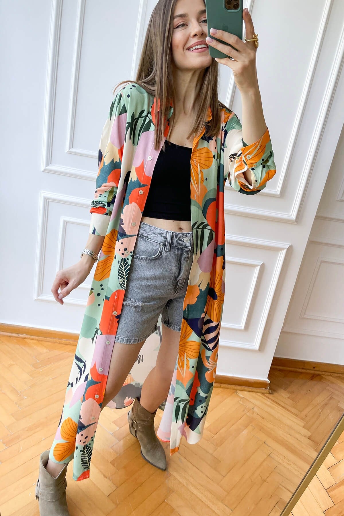 Tropikal Desen Önü Düğmeli Kimono