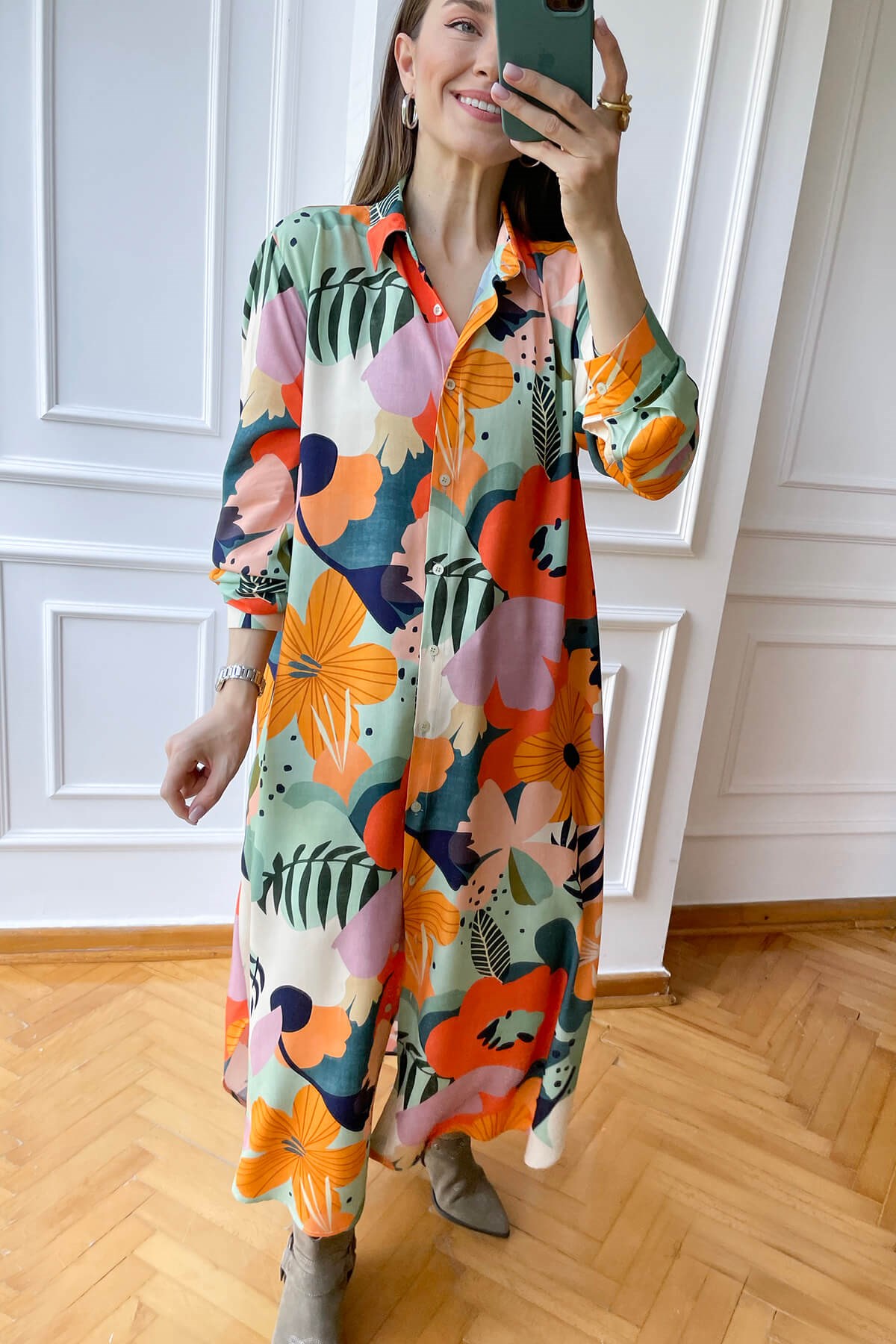 Tropikal Desen Önü Düğmeli Kimono