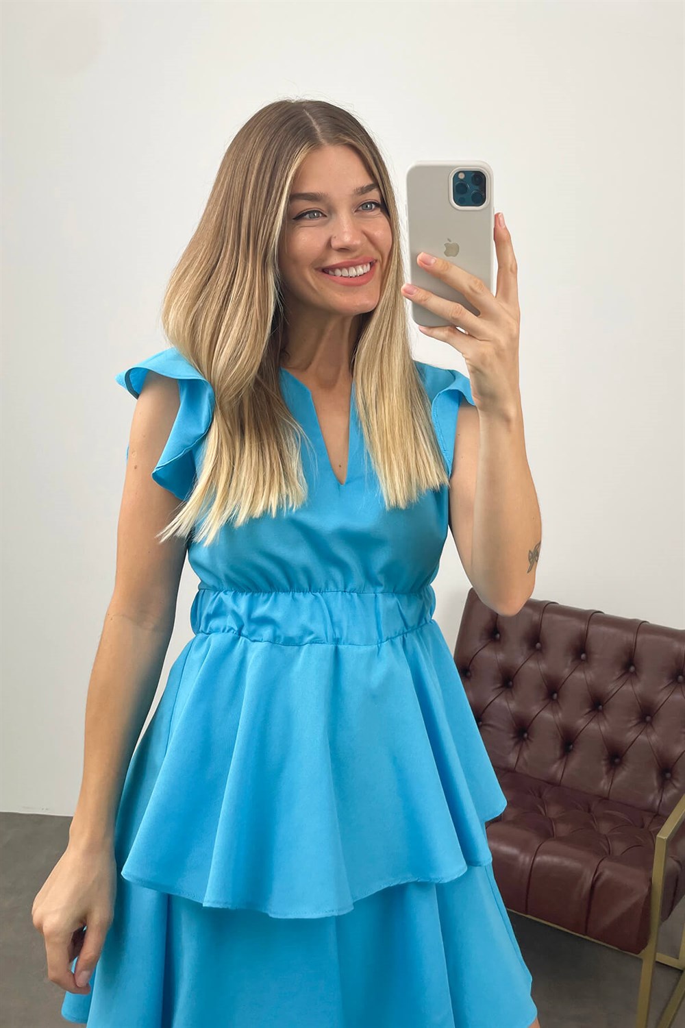 Turkuaz Beli Lastikli Poplin Elbise
