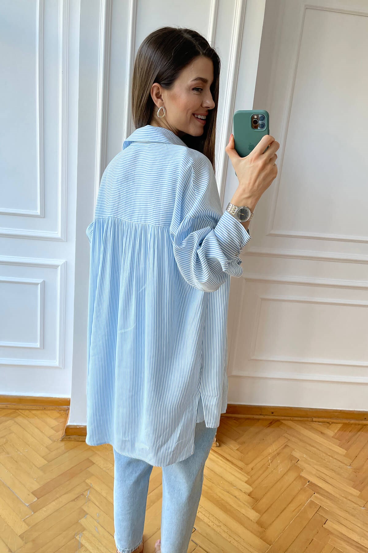 Turkuaz Çizgili Oversize Gömlek