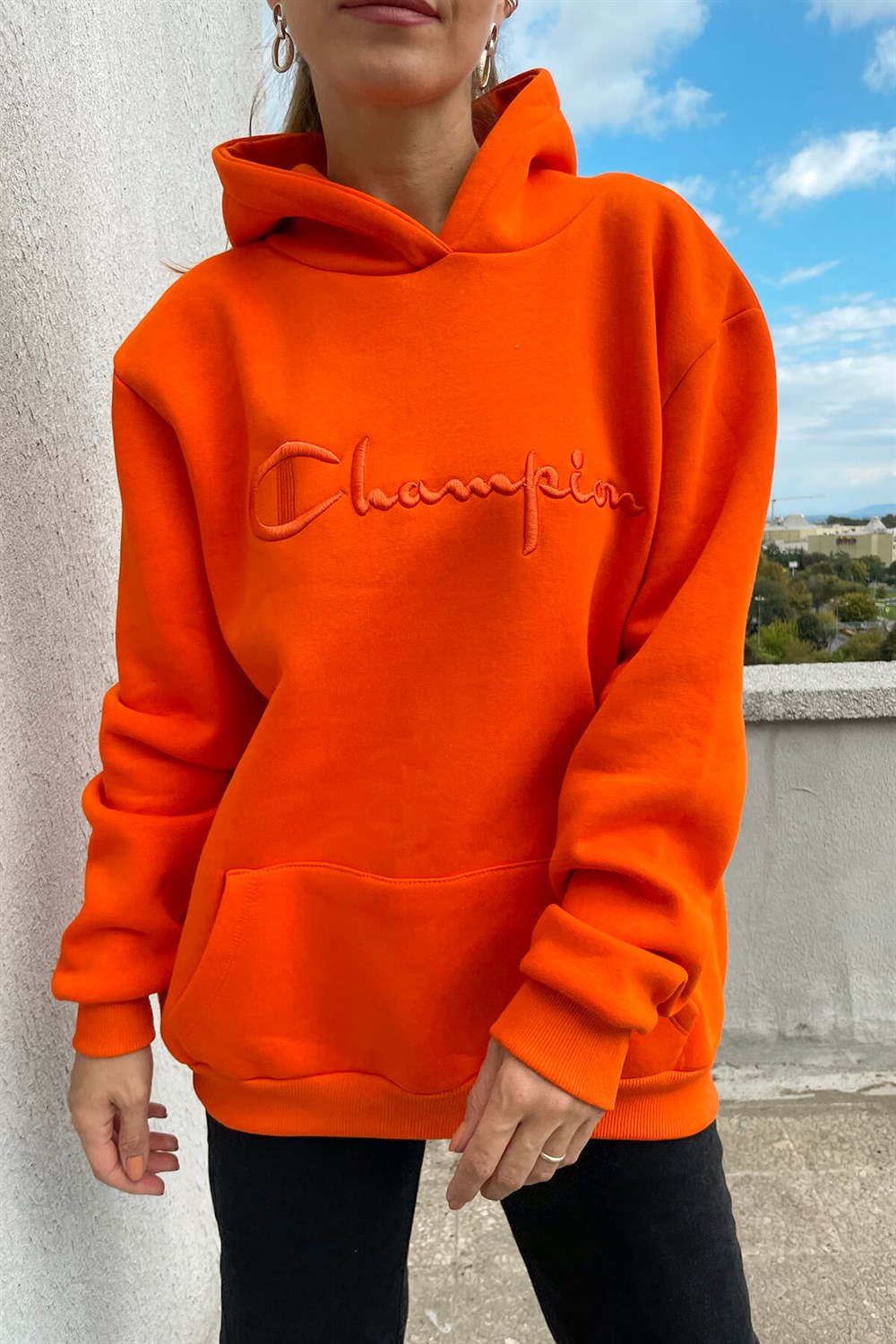 Turuncu Champion Kapşonlu Sweatshirt