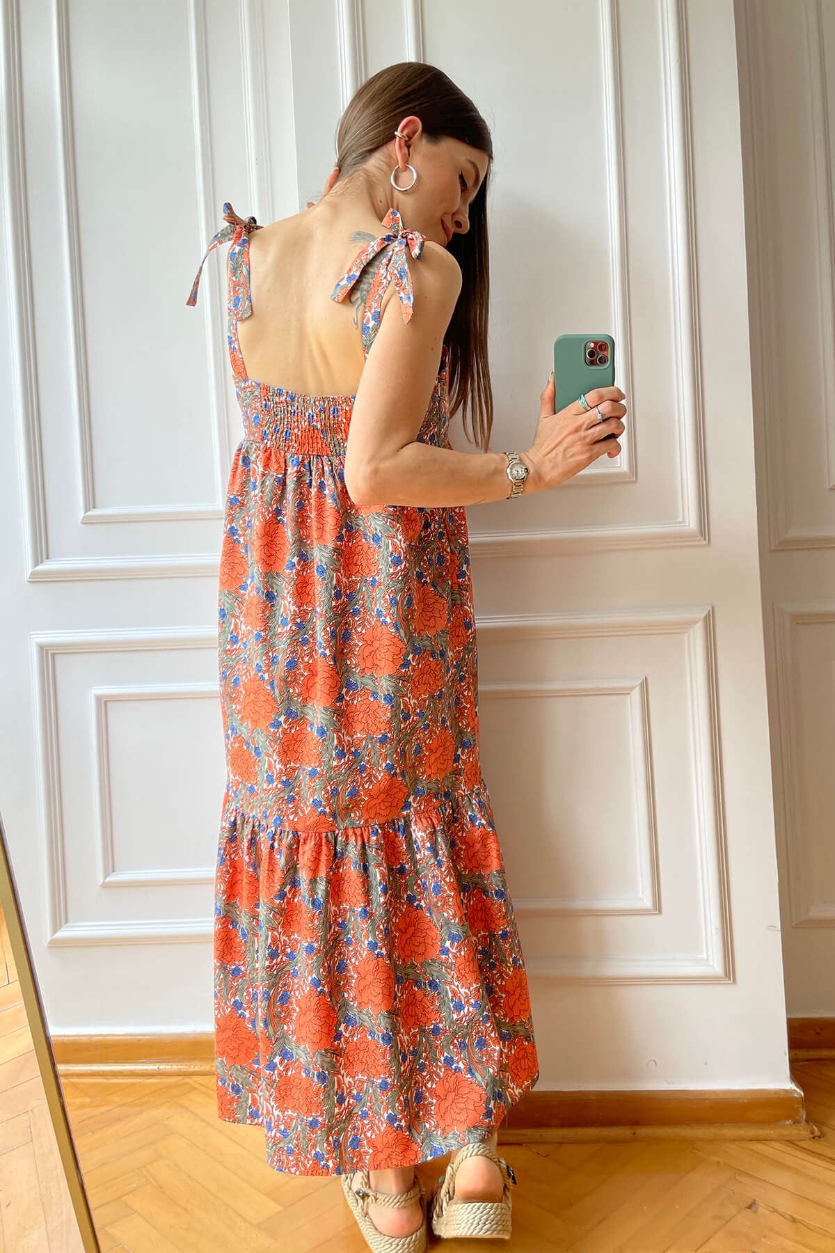 Turuncu Floral DEsen Askılı Elbise