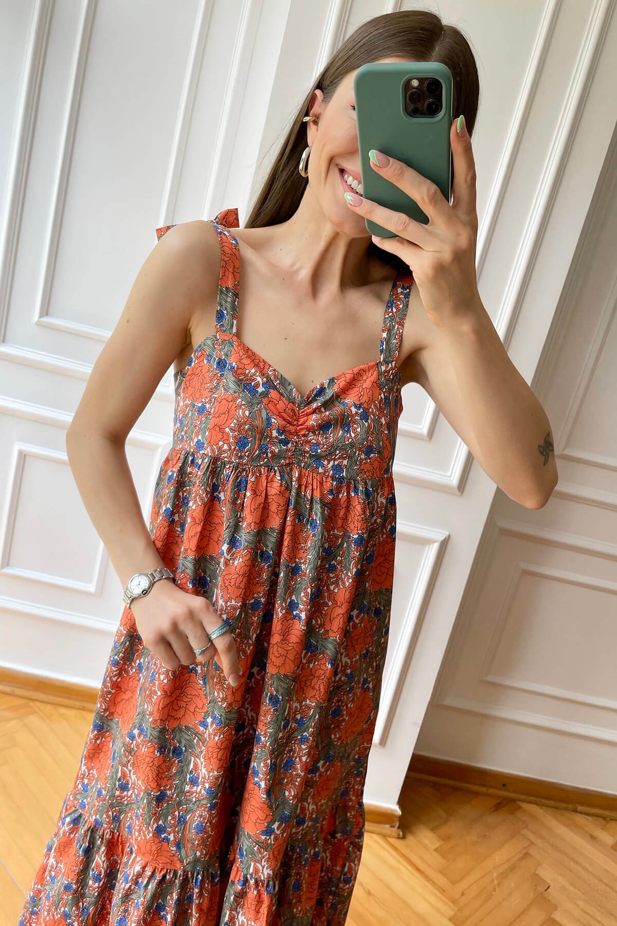 Turuncu Floral DEsen Askılı Elbise
