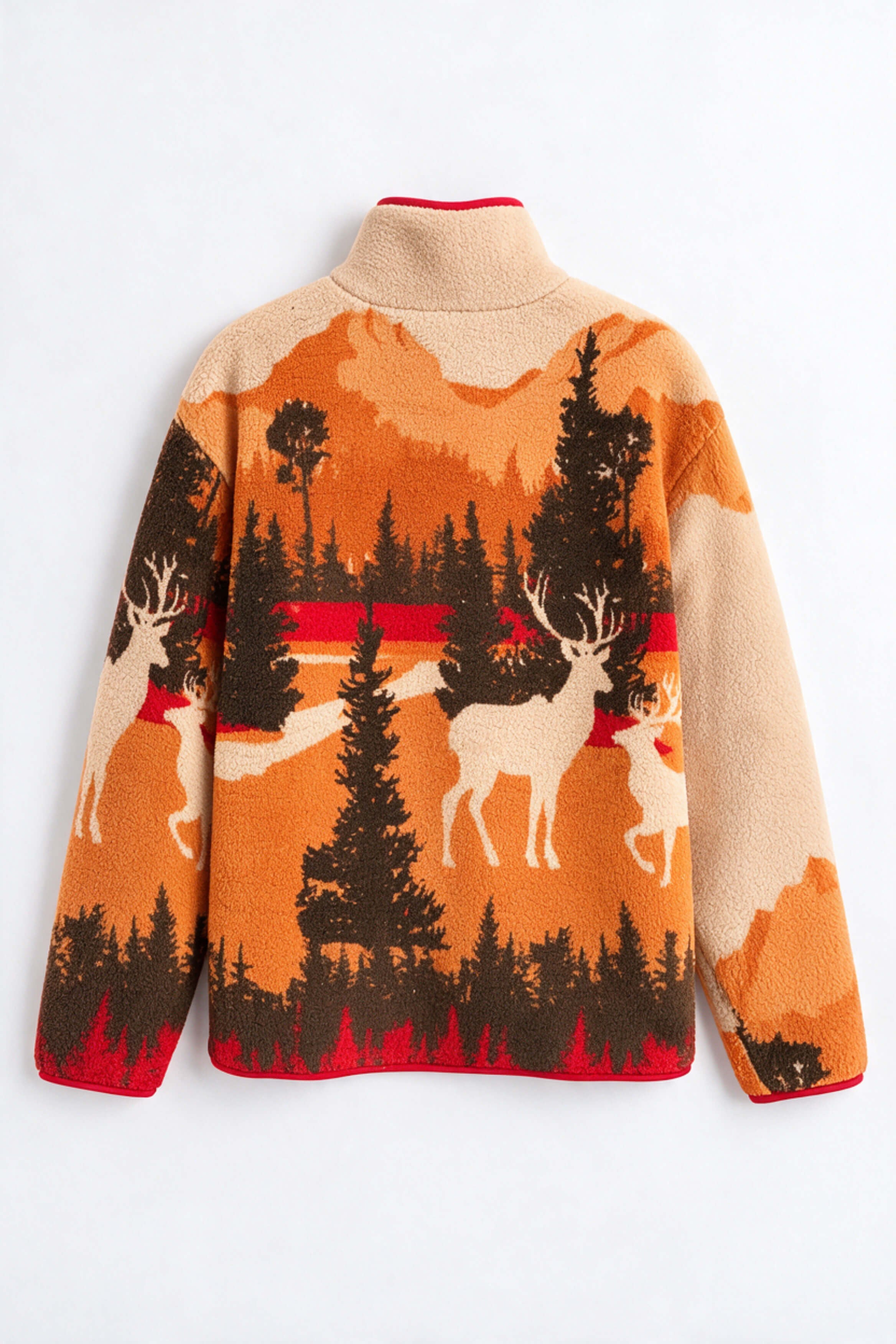 Turuncu Geyik Desenli Fermuarlı Oversize Peluş Sweatshirt