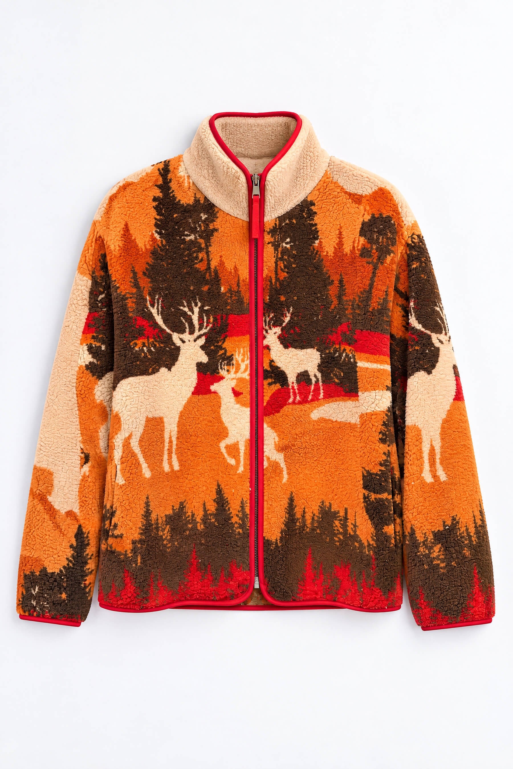 Turuncu Geyik Desenli Fermuarlı Oversize Peluş Sweatshirt