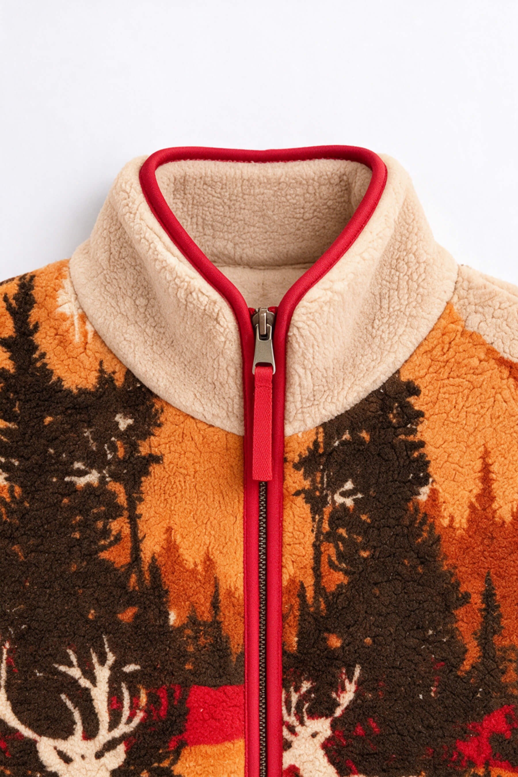 Turuncu Geyik Desenli Fermuarlı Oversize Peluş Sweatshirt