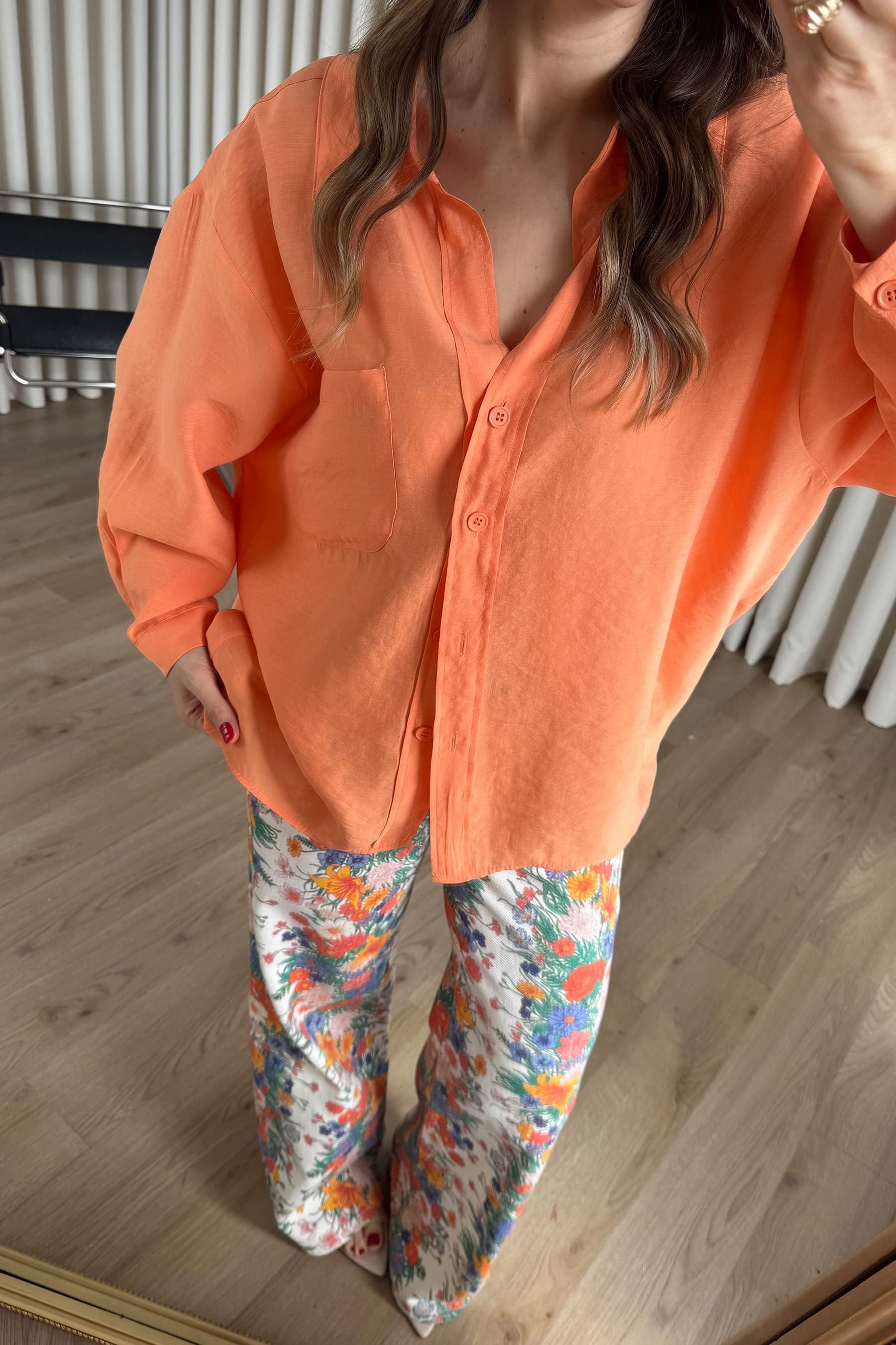 Turuncu Oversize Modal Kumaş Gömlek