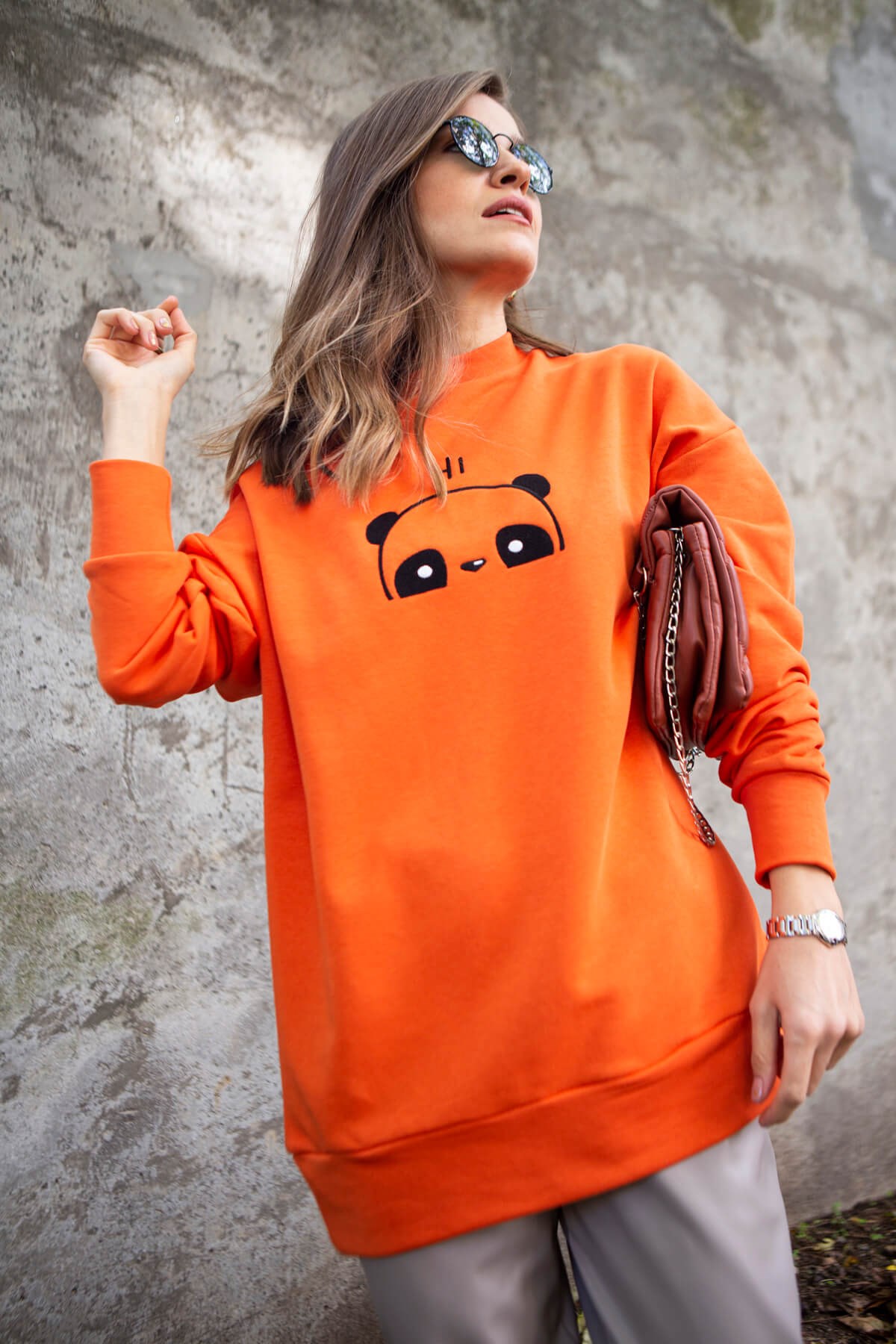 Turuncu Panda Nakışlı Sweatshirt