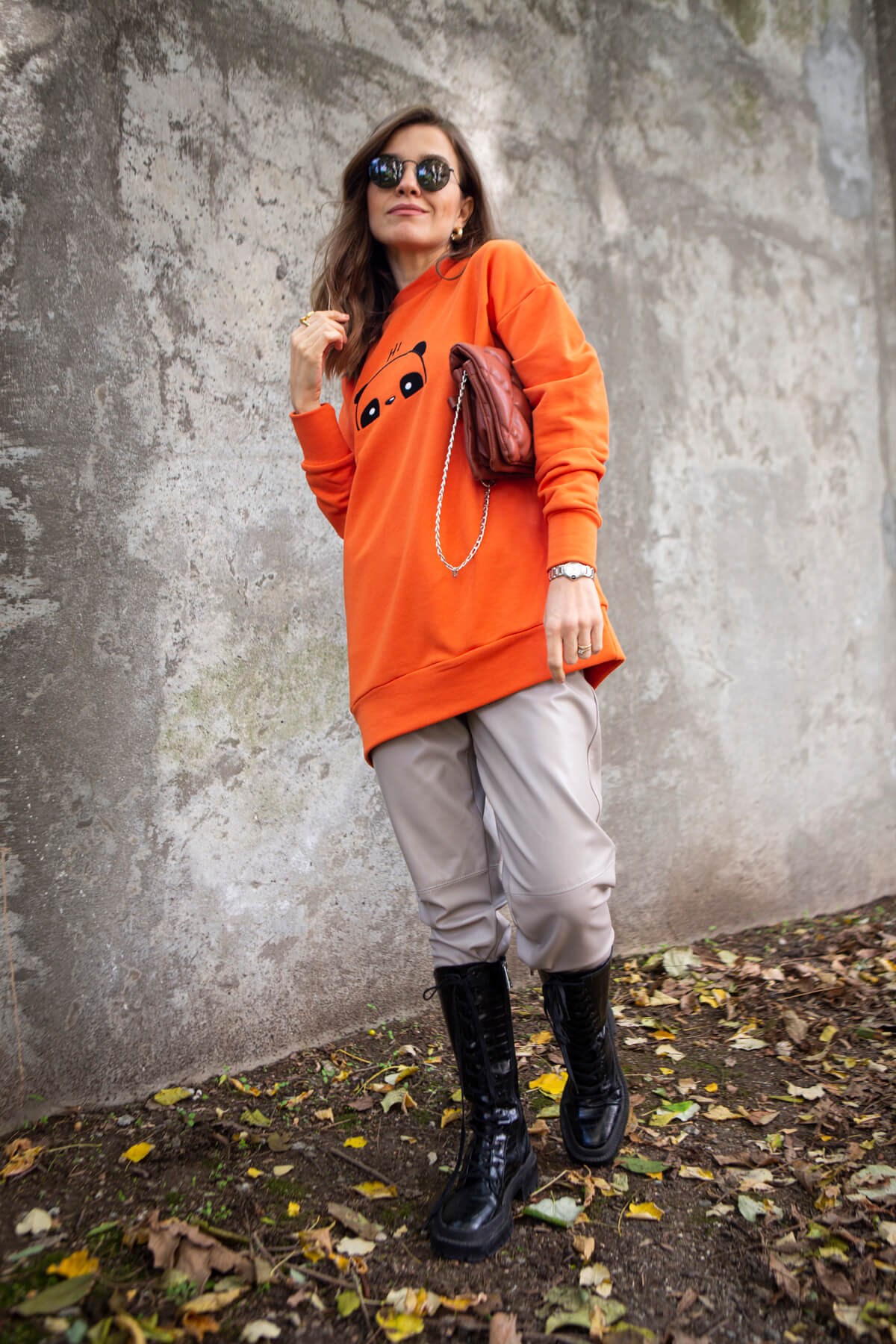 Turuncu Panda Nakışlı Sweatshirt