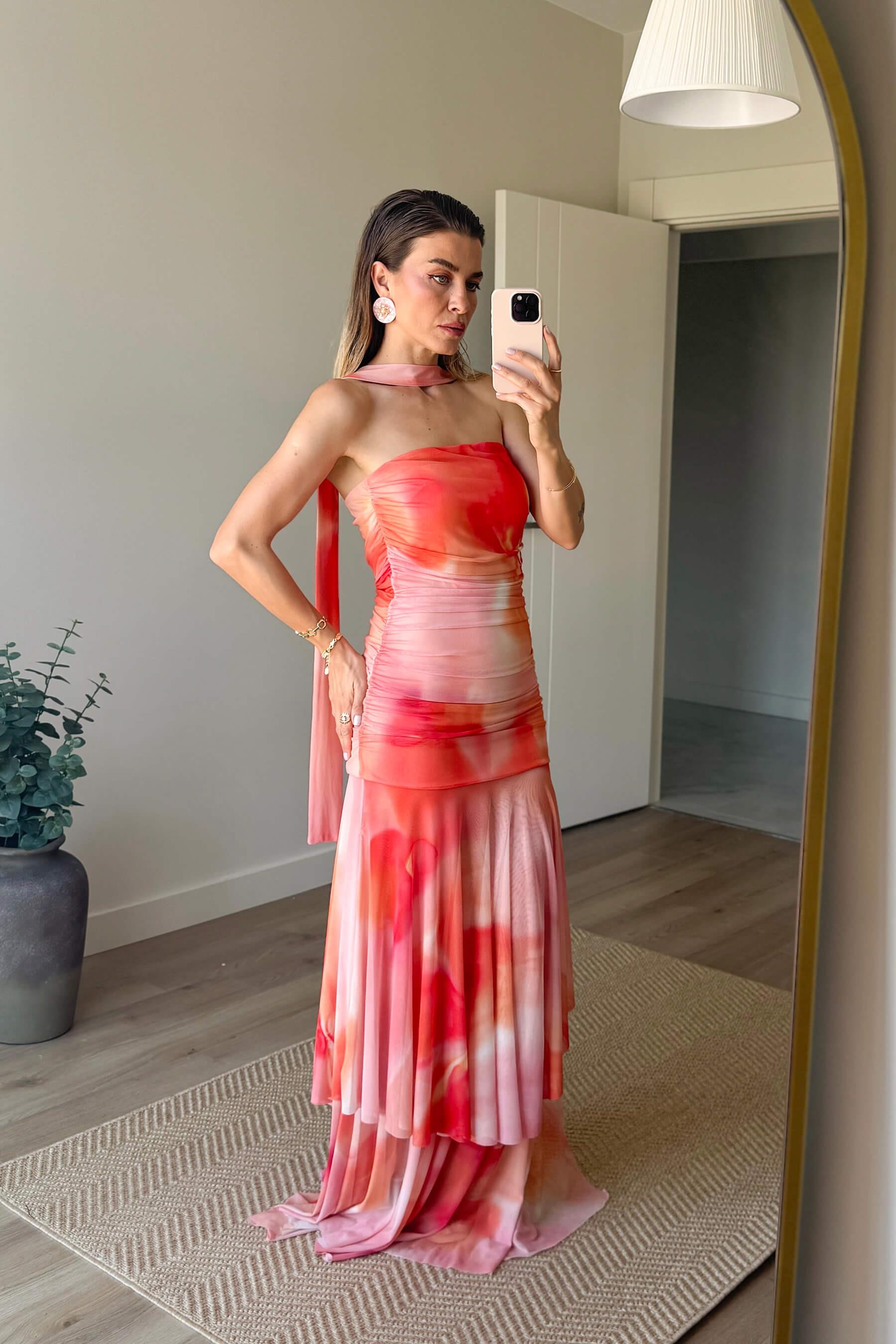 Turuncu Somon Straplez Kuşaklı Drapeli Premium Tül Elbise