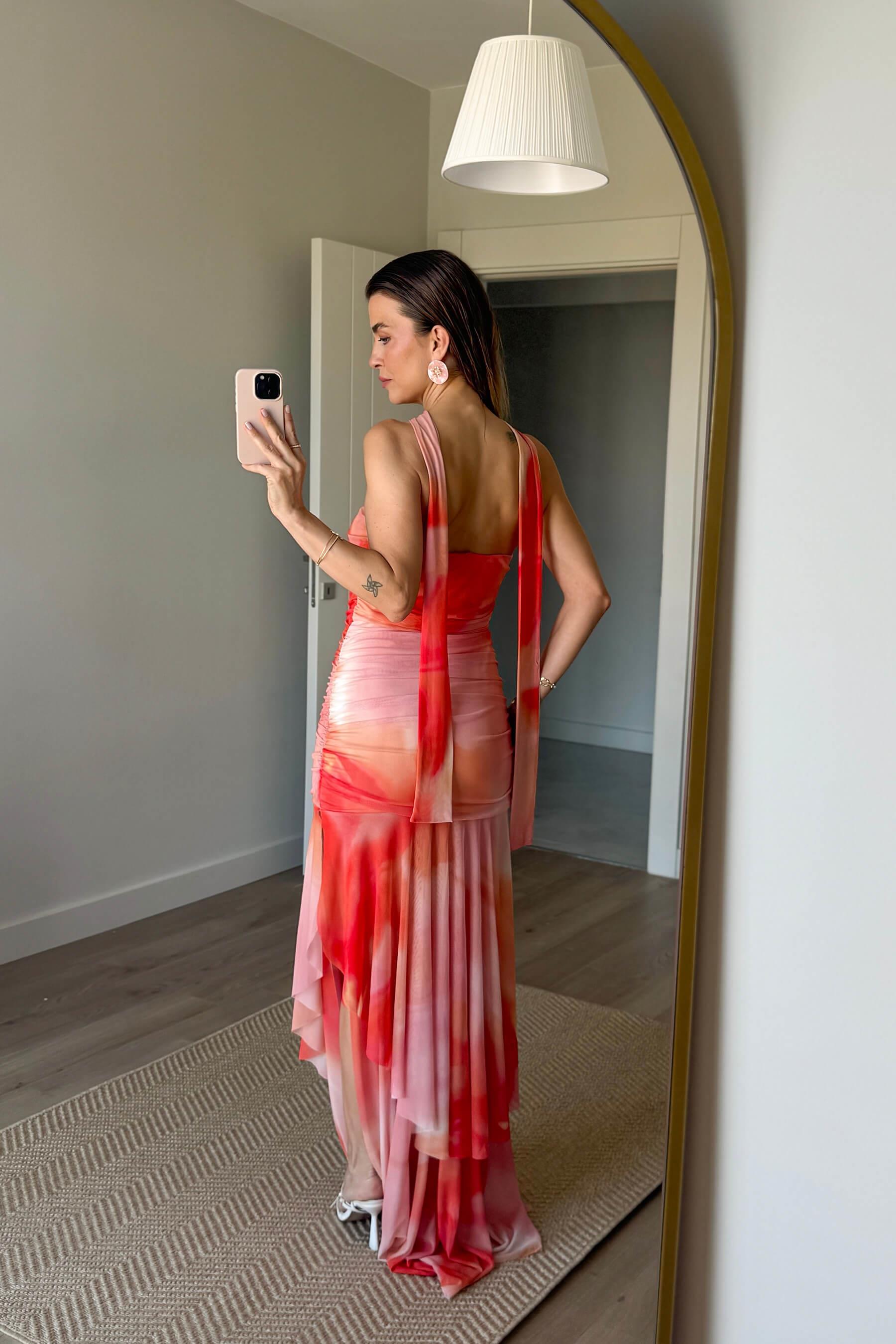 Turuncu Somon Straplez Kuşaklı Drapeli Premium Tül Elbise