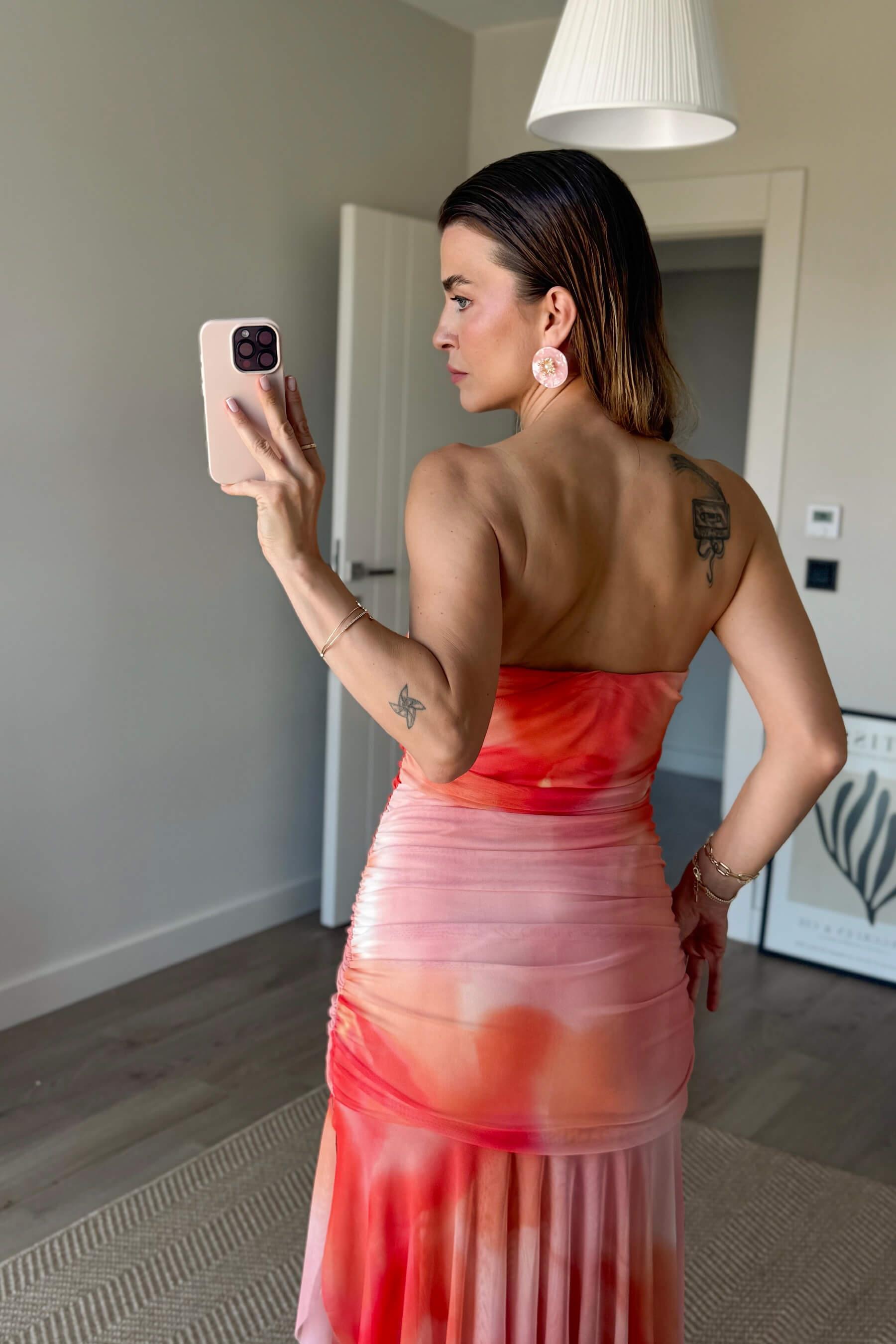 Turuncu Somon Straplez Kuşaklı Drapeli Premium Tül Elbise