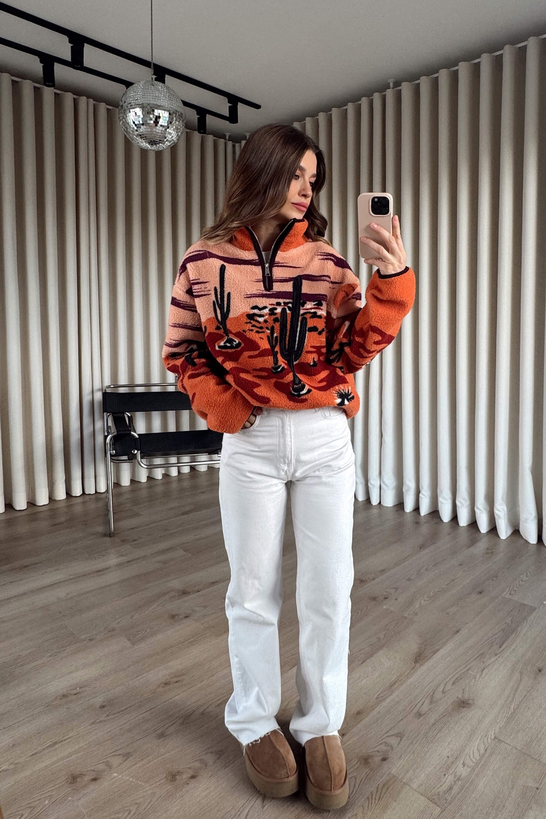 Turuncu Yarım Fermuarlı Çöl Desen Oversize Peluş Sweatshirt