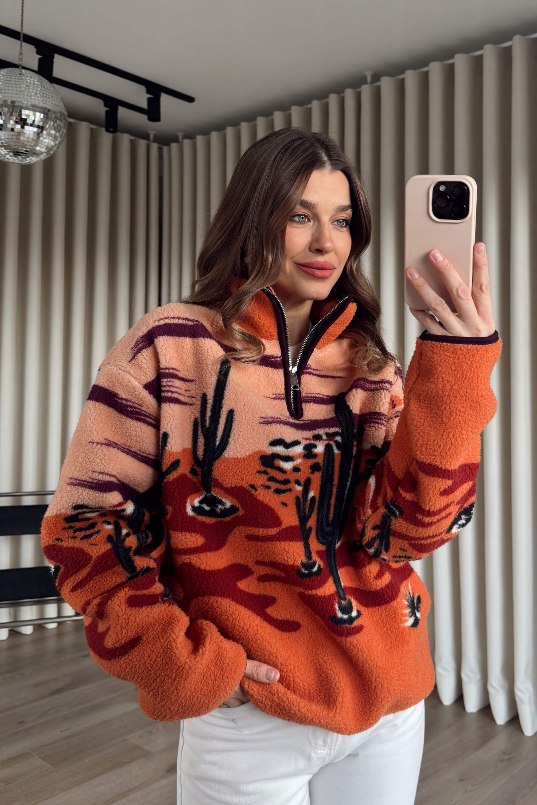Turuncu Yarım Fermuarlı Çöl Desen Oversize Peluş Sweatshirt