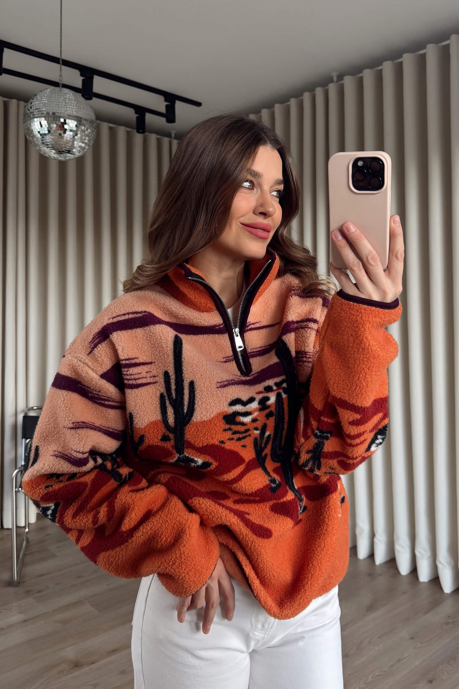 Turuncu Yarım Fermuarlı Çöl Desen Oversize Peluş Sweatshirt