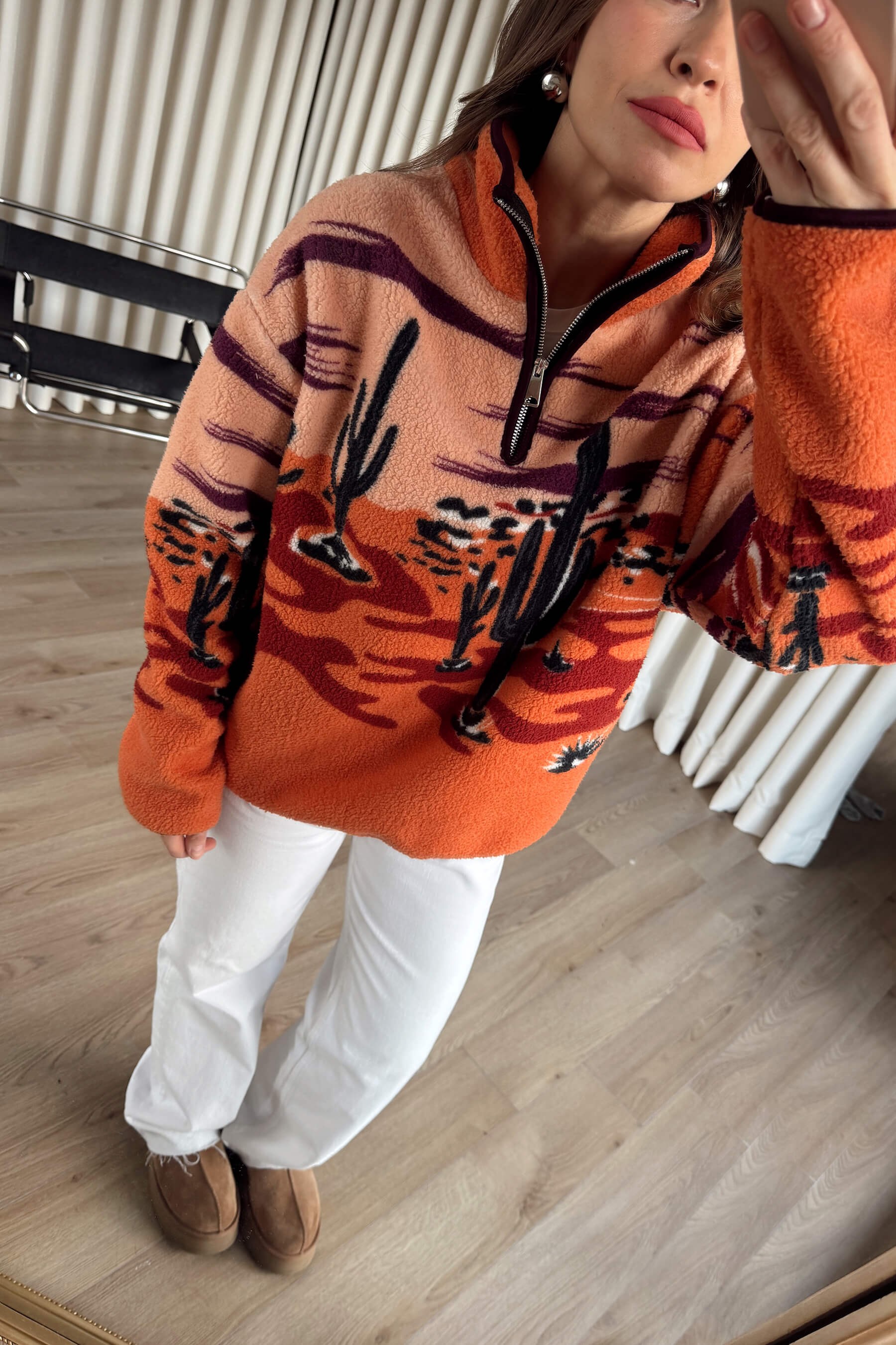 Turuncu Yarım Fermuarlı Çöl Desen Oversize Peluş Sweatshirt