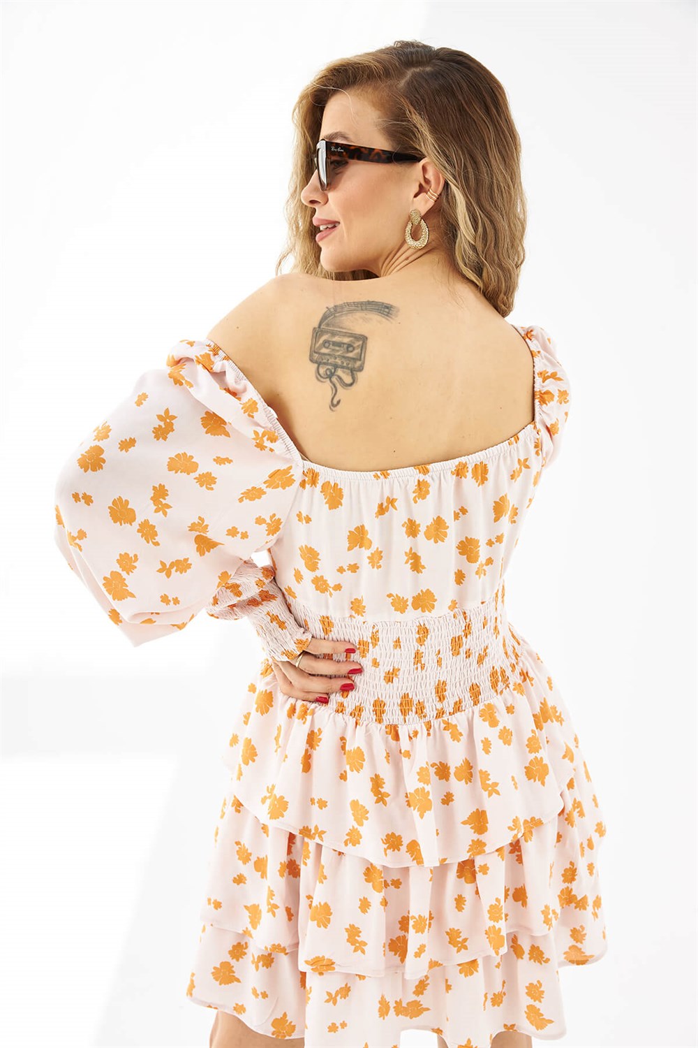 Tuuruncu Çiçekli Gipeli Elbise