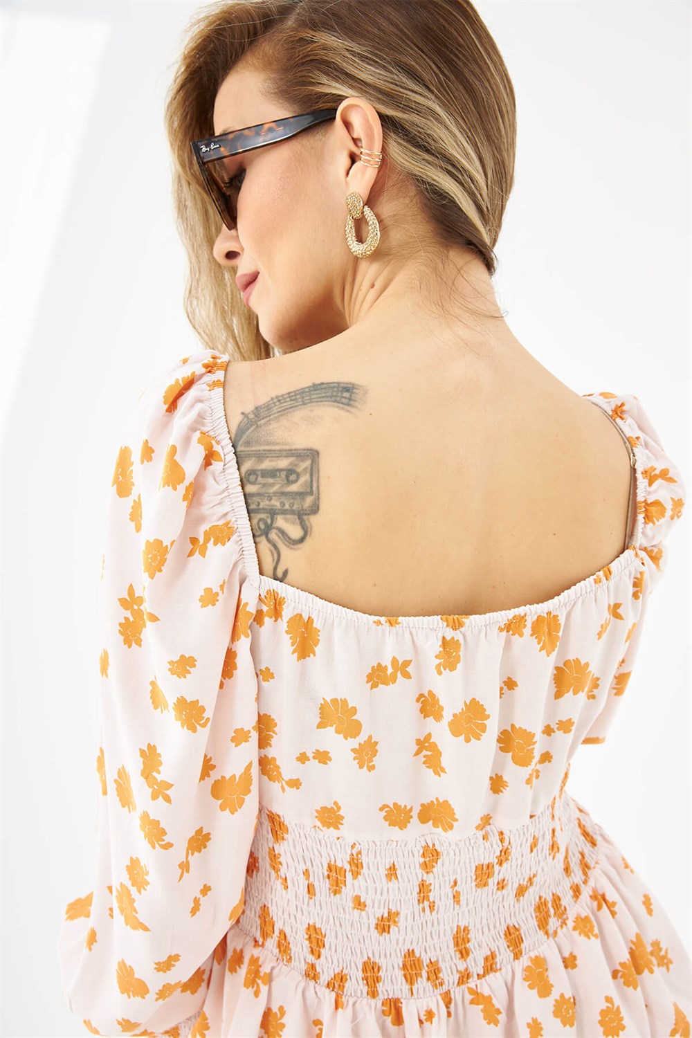 Tuuruncu Çiçekli Gipeli Elbise