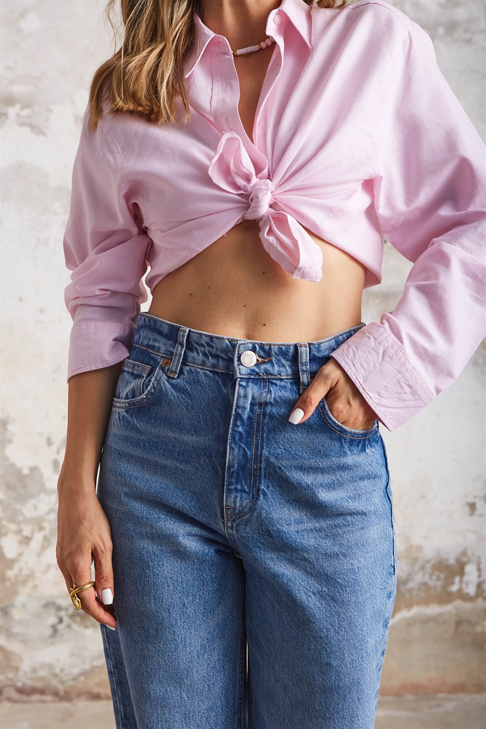 Uçuk Pembe Crop Gömlek