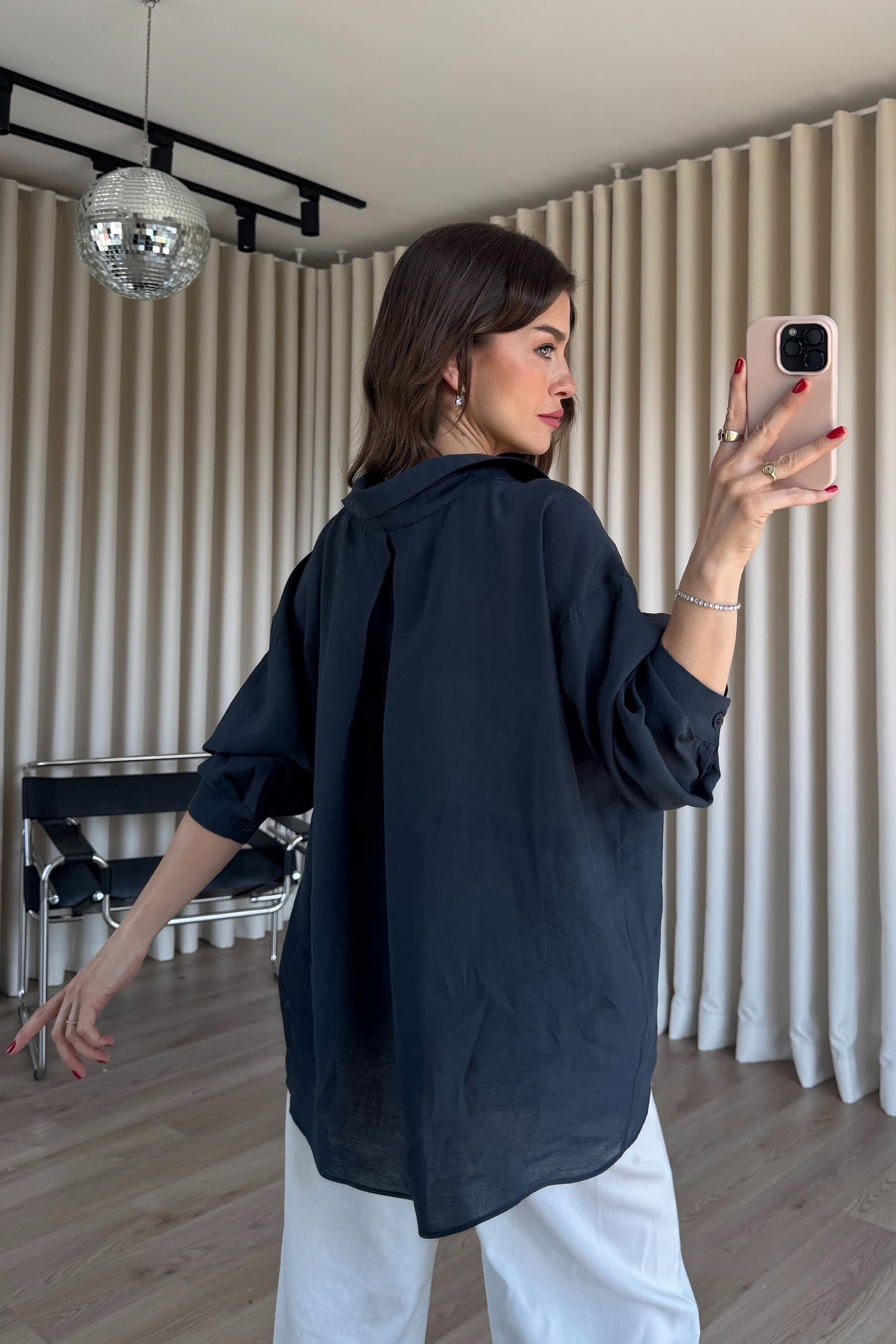 Vintage Lacivert Oversize Modal Kumaş Gömlek