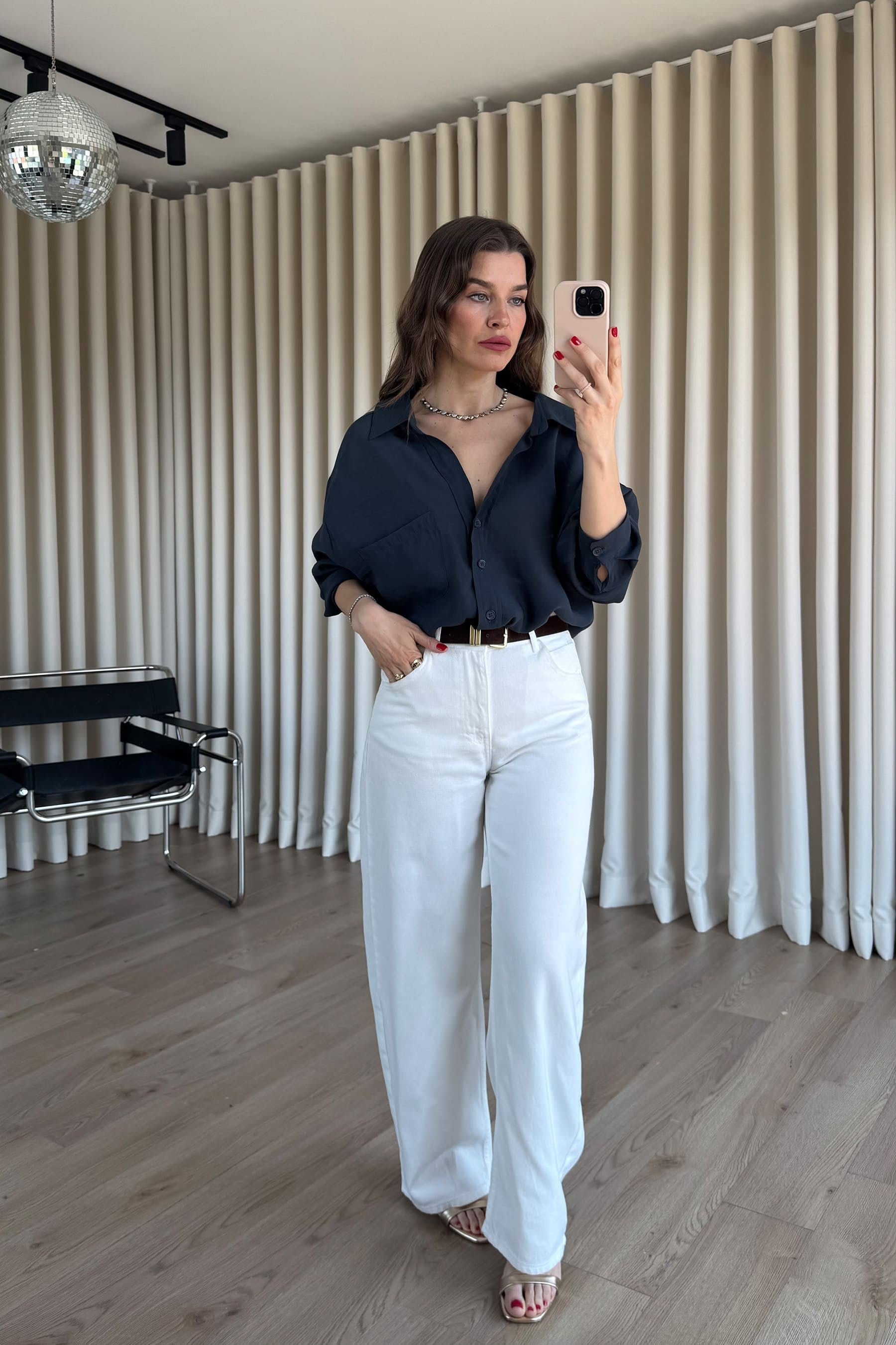 Vintage Lacivert Oversize Modal Kumaş Gömlek