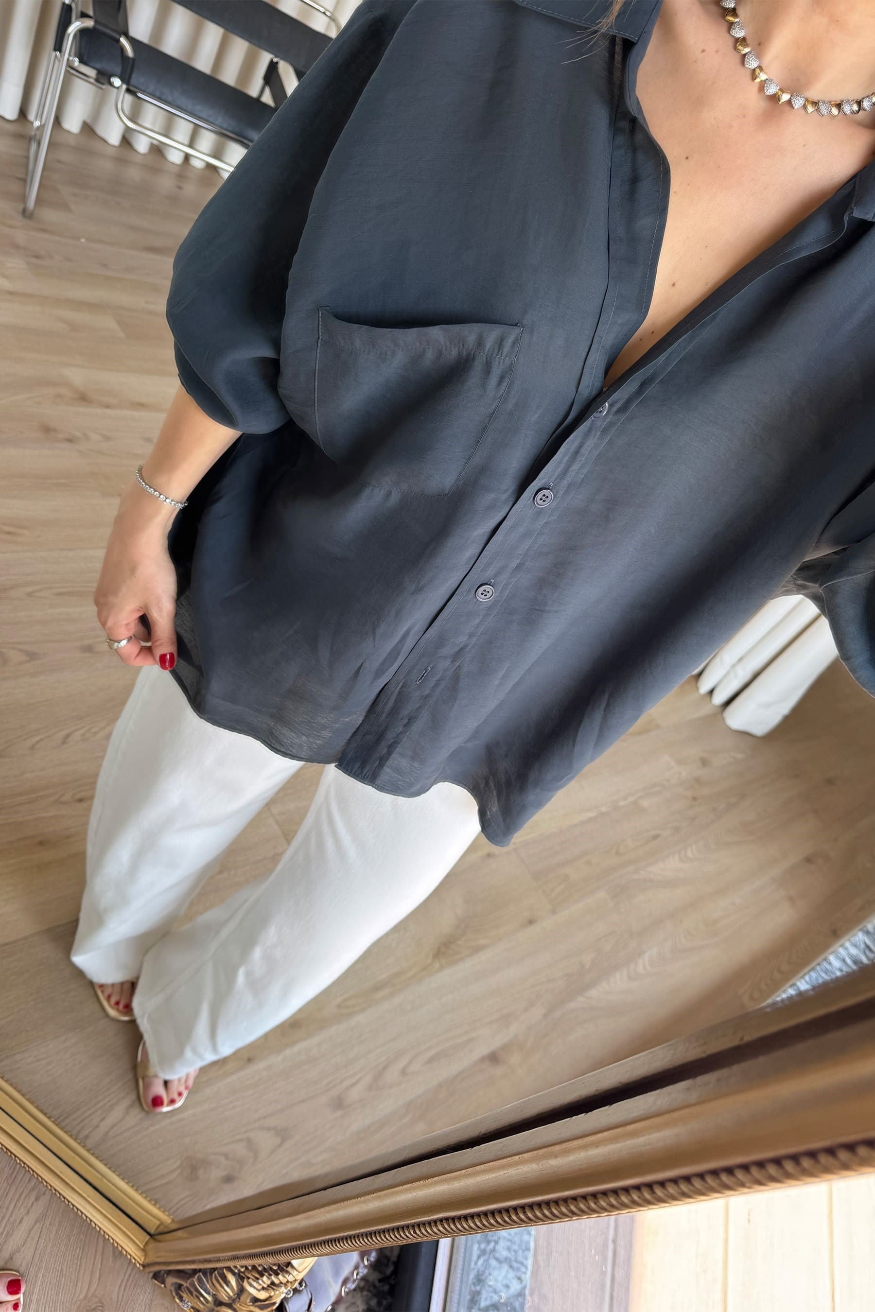 Vintage Lacivert Oversize Modal Kumaş Gömlek