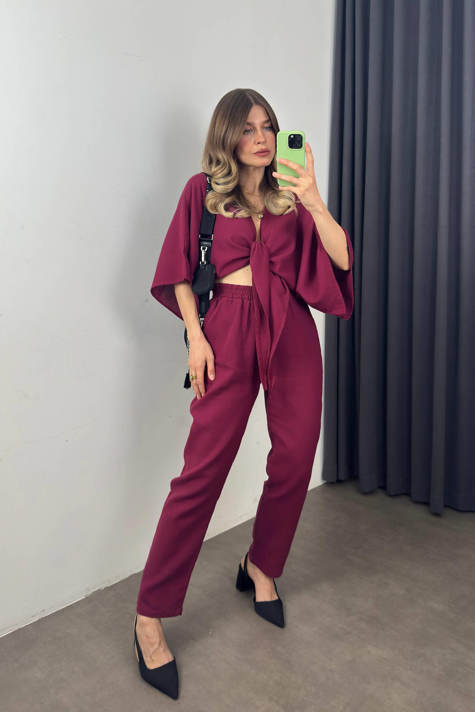 Vişne Önden Bağlamalı Müslin Bluz Havuç Pantolon Takım