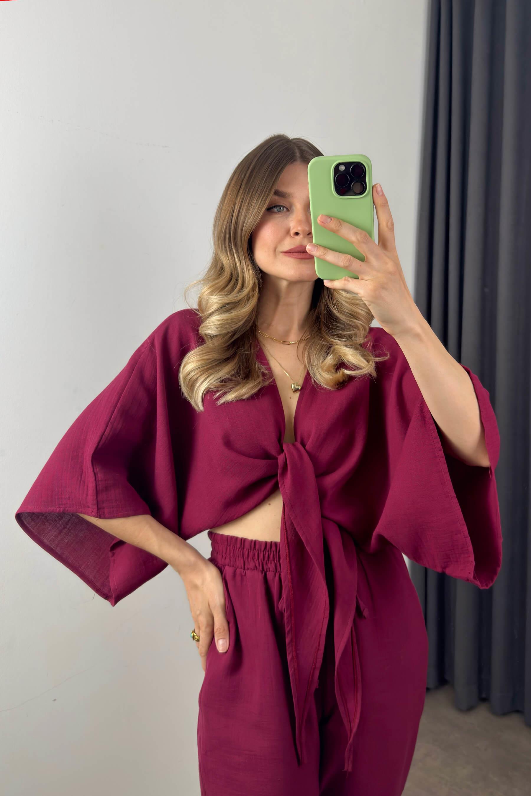 Vişne Önden Bağlamalı Müslin Bluz Havuç Pantolon Takım