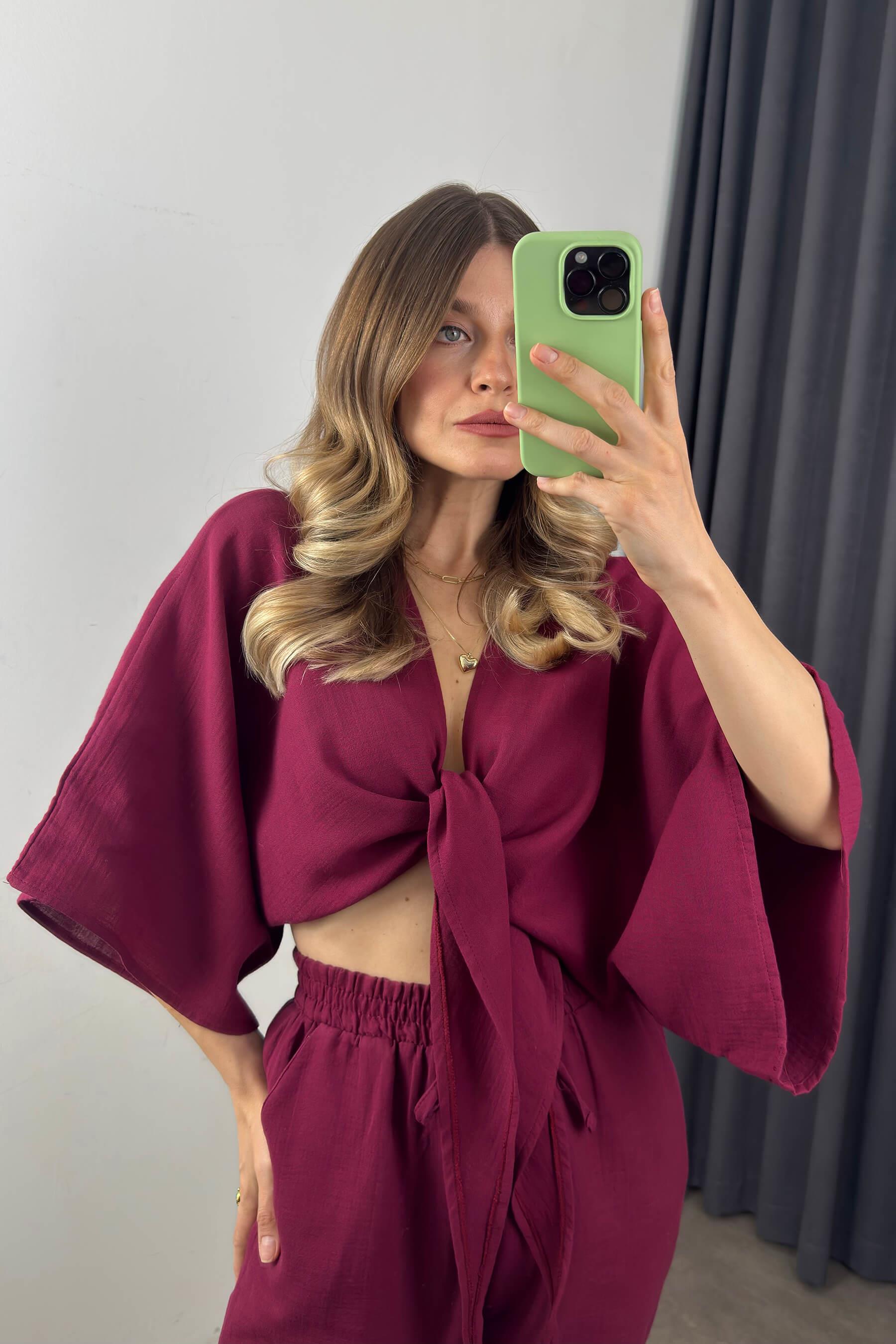 Vişne Önden Bağlamalı Müslin Bluz Havuç Pantolon Takım