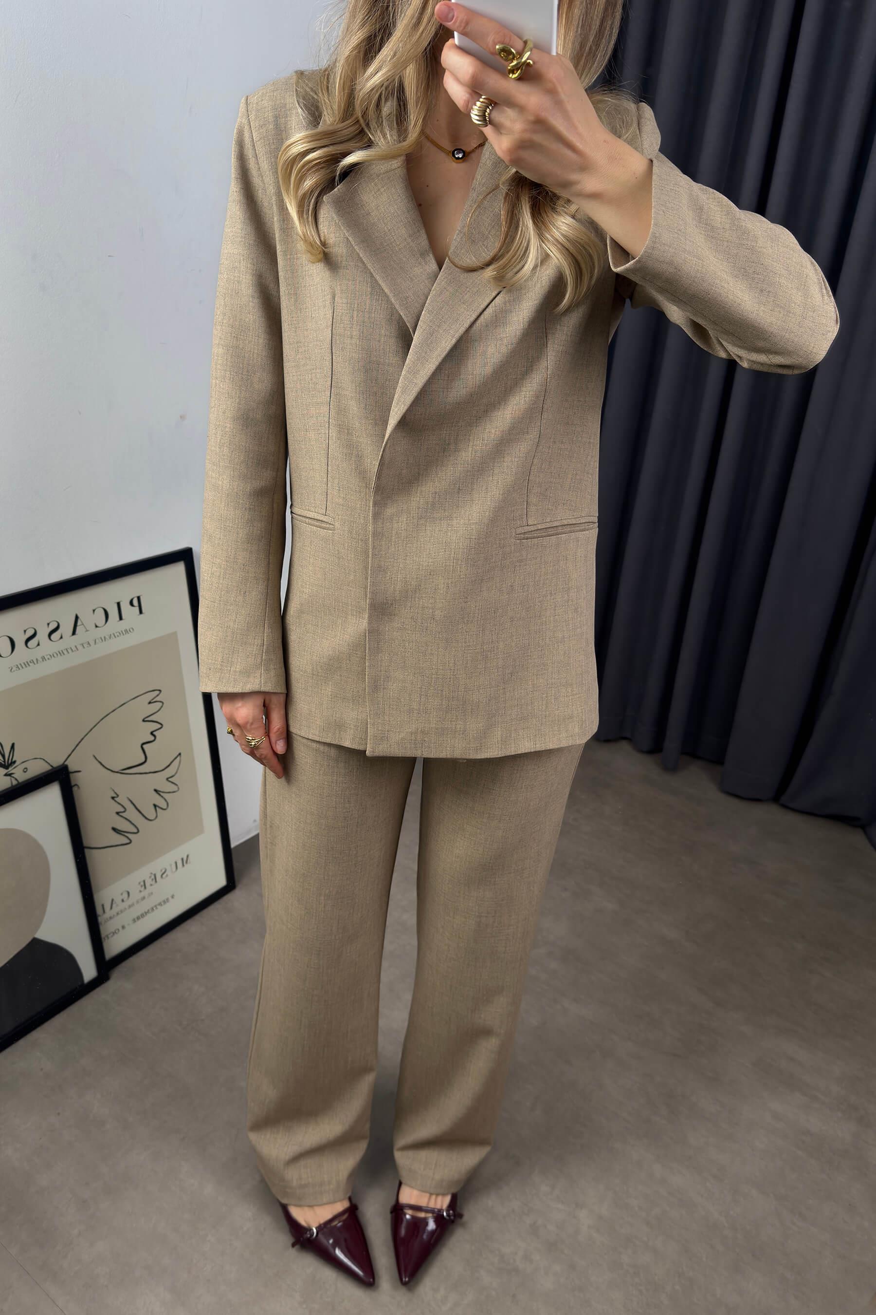 Vizon Keten Dokulu Çıtçıtlı Blazer Pantolon Takım