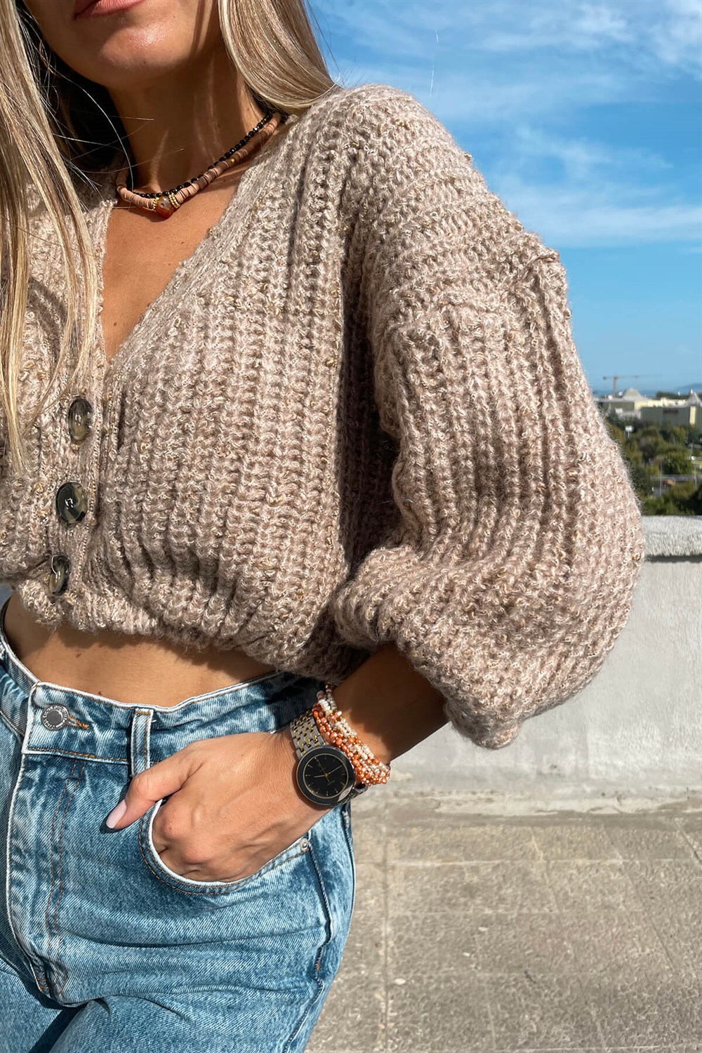 Vizon Kırçıllı Örme Crop Hırka