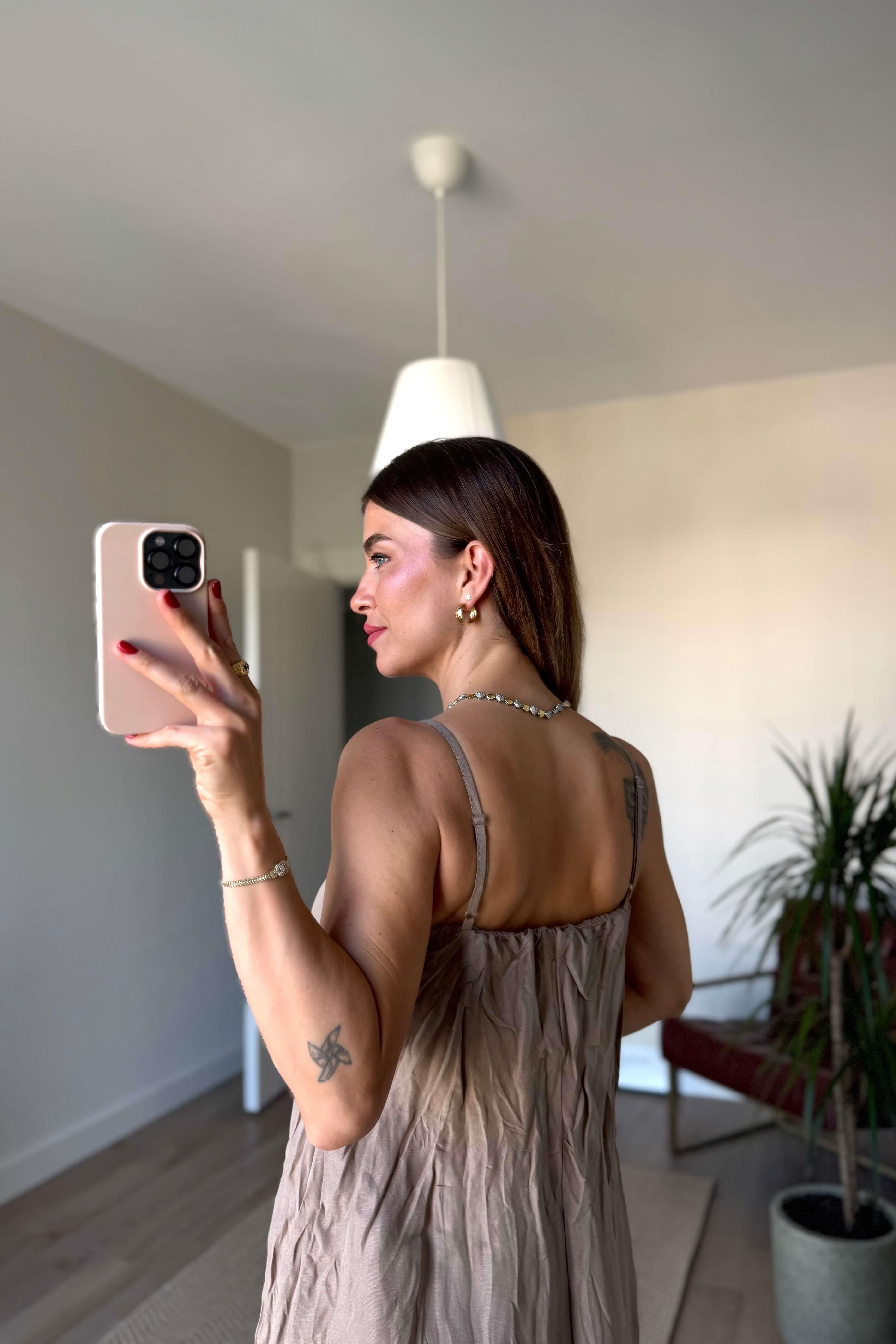 Vizon Önü Lastikli Asansör Askılı Keten Elbise