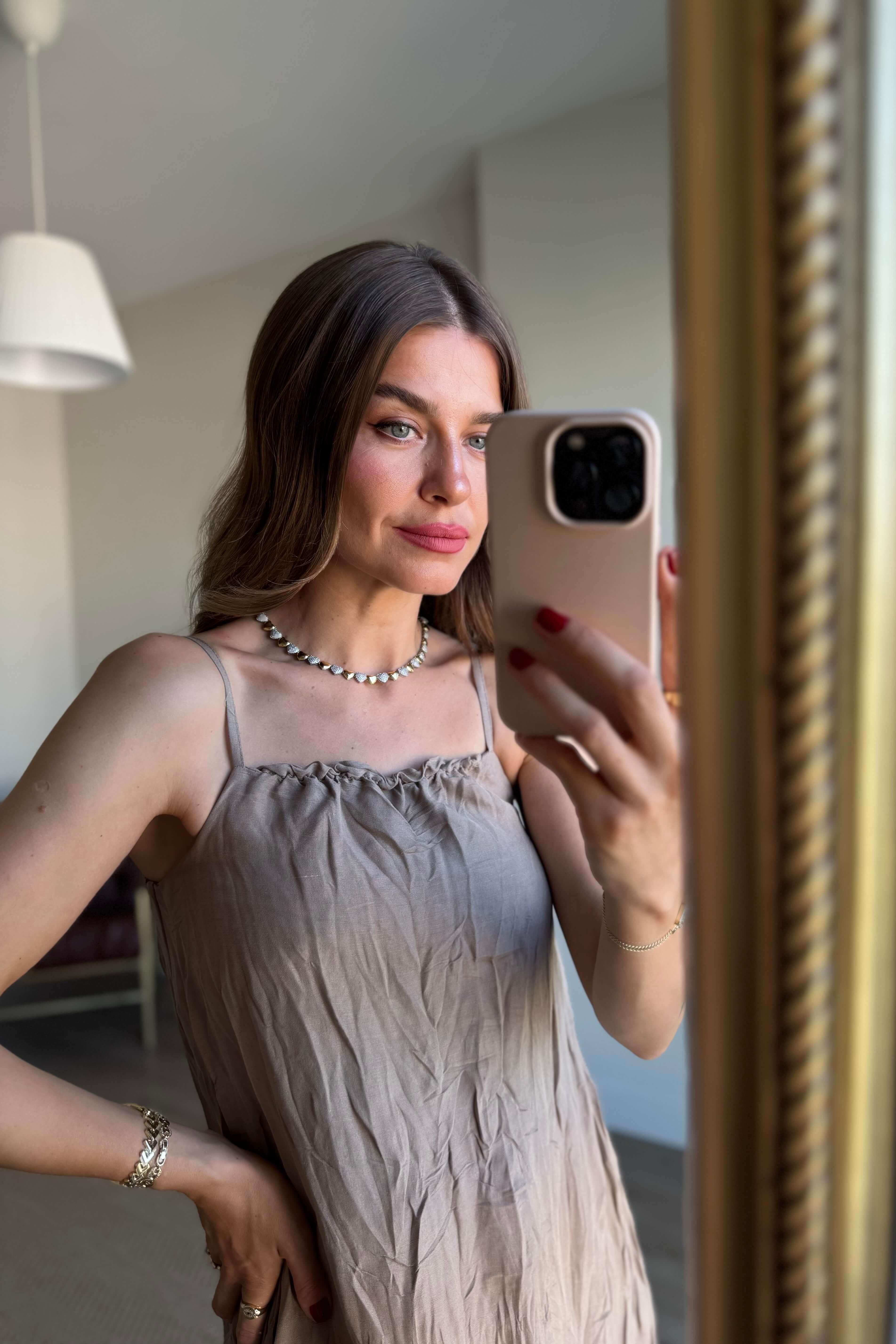 Vizon Önü Lastikli Asansör Askılı Keten Elbise