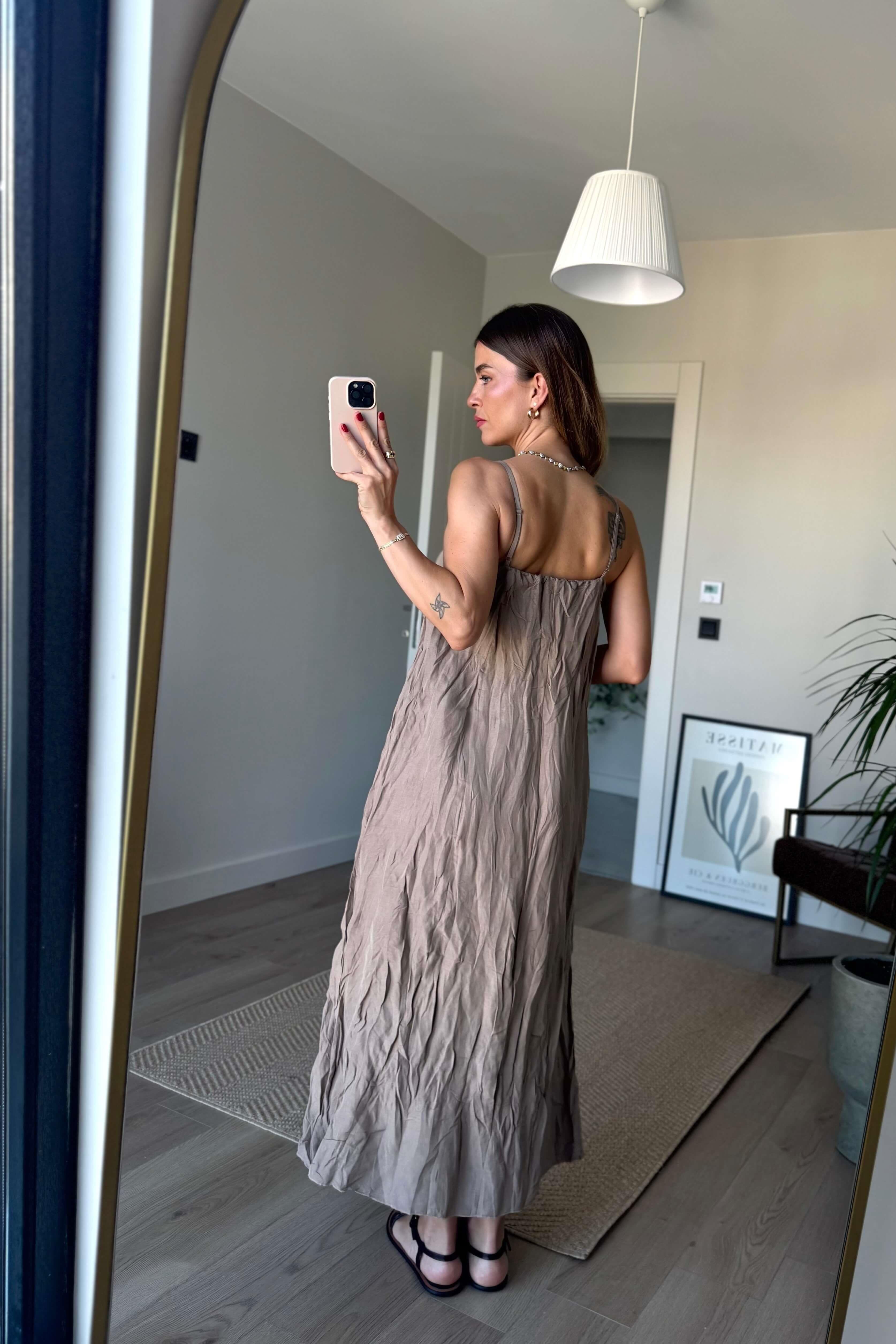 Vizon Önü Lastikli Asansör Askılı Keten Elbise