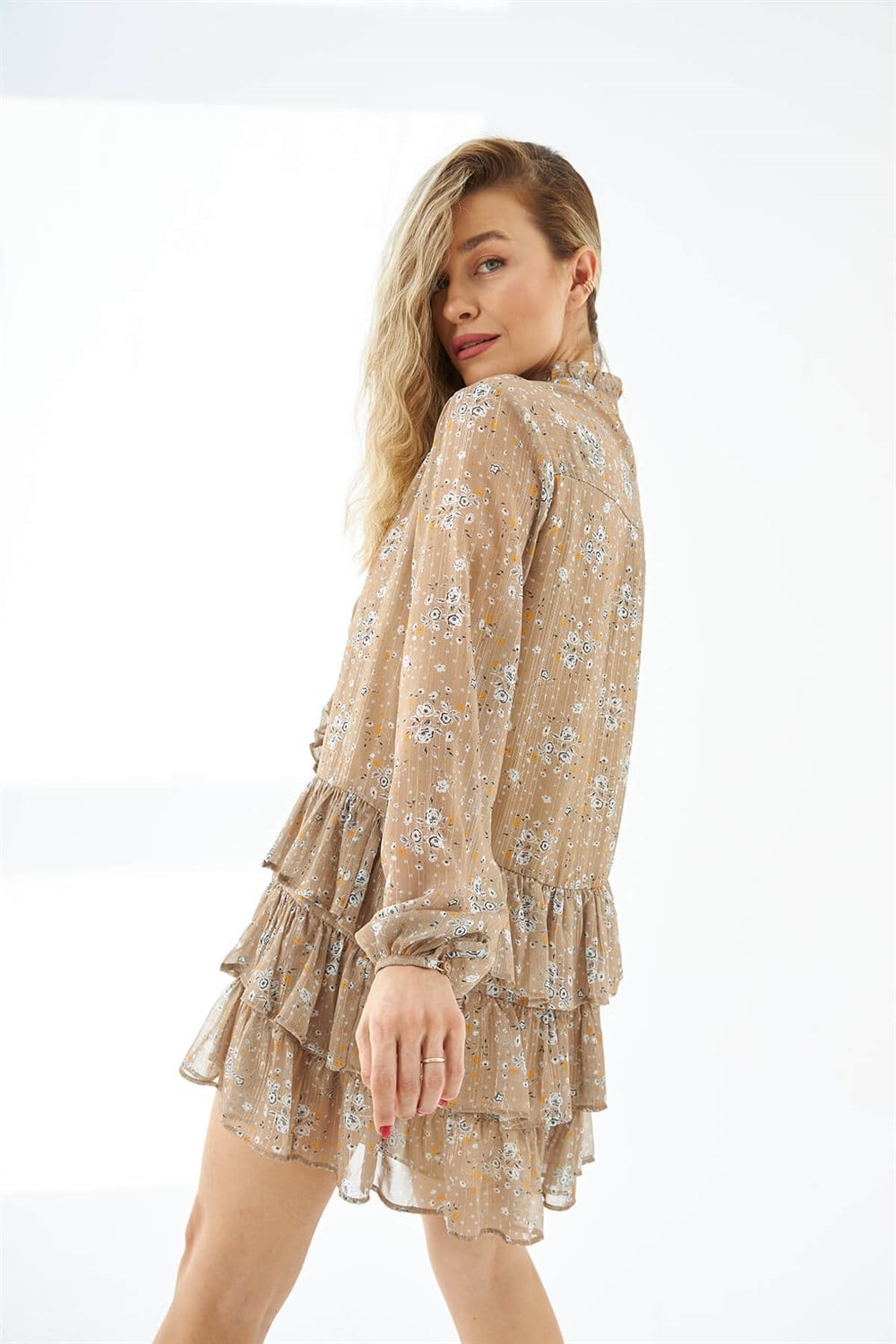 Vizon Şifon Fırfırlı Elbise